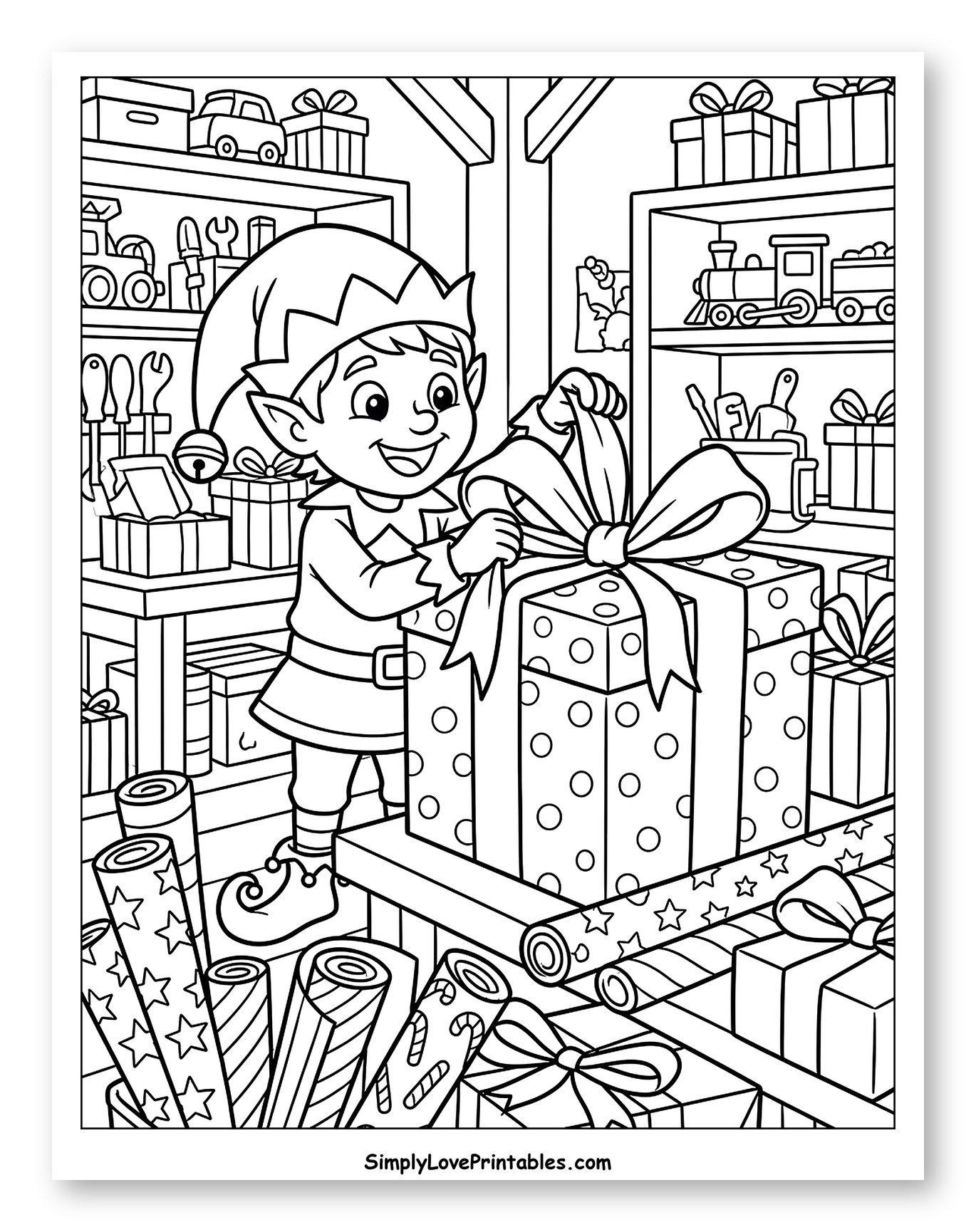 Cheerful Christmas Elf Wrapping a Big Present Coloring Sheet for Kids