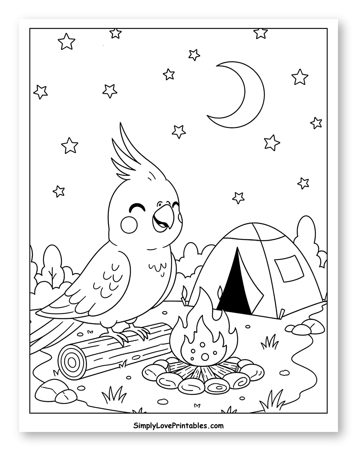 Cheerful Cockatiel Camping Under Moon and Stars Coloring Sheet for Kids