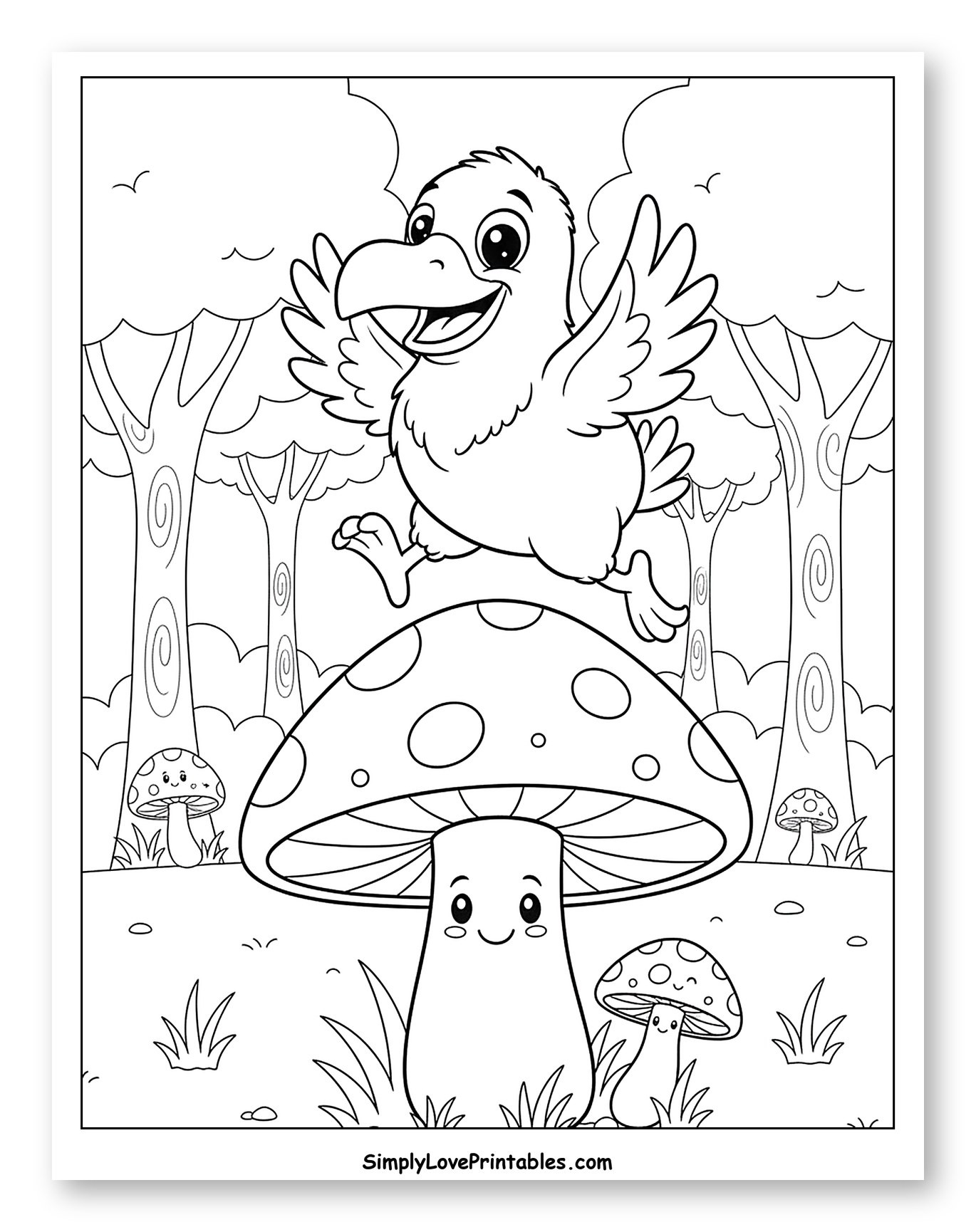 Cheerful Dodo Jumps Over Cute Mushroom