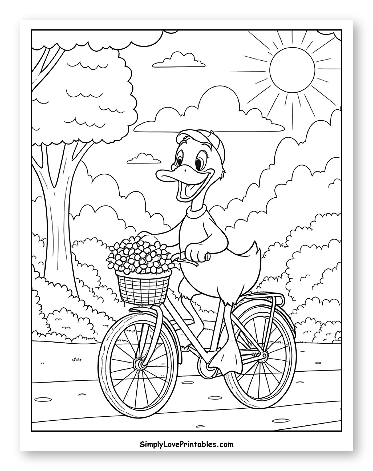 Cheerful Duck Riding Bicycle on Sunny Day Coloring Page for Kids