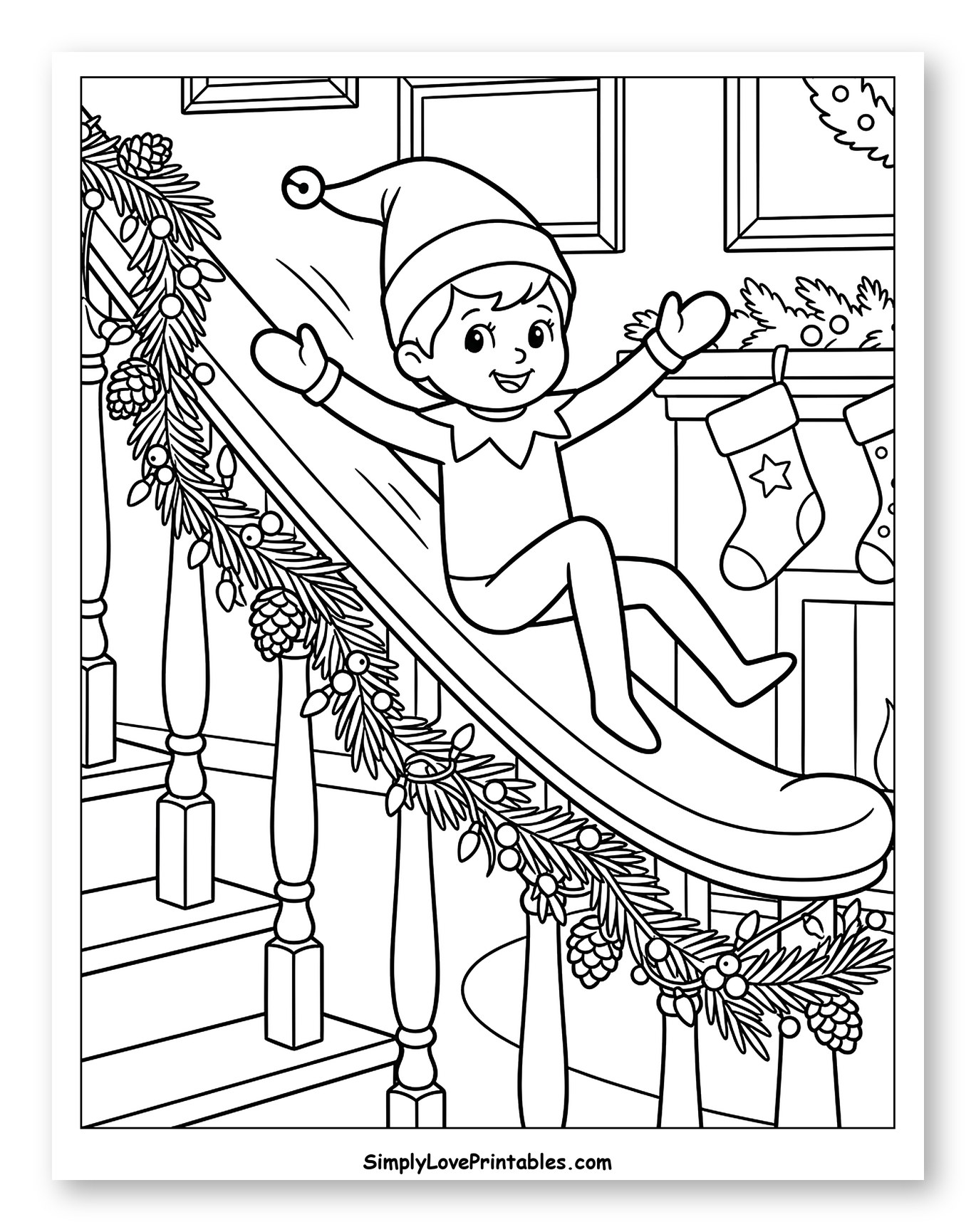 Cheerful Elf Sliding Down Festive Staircase Banister