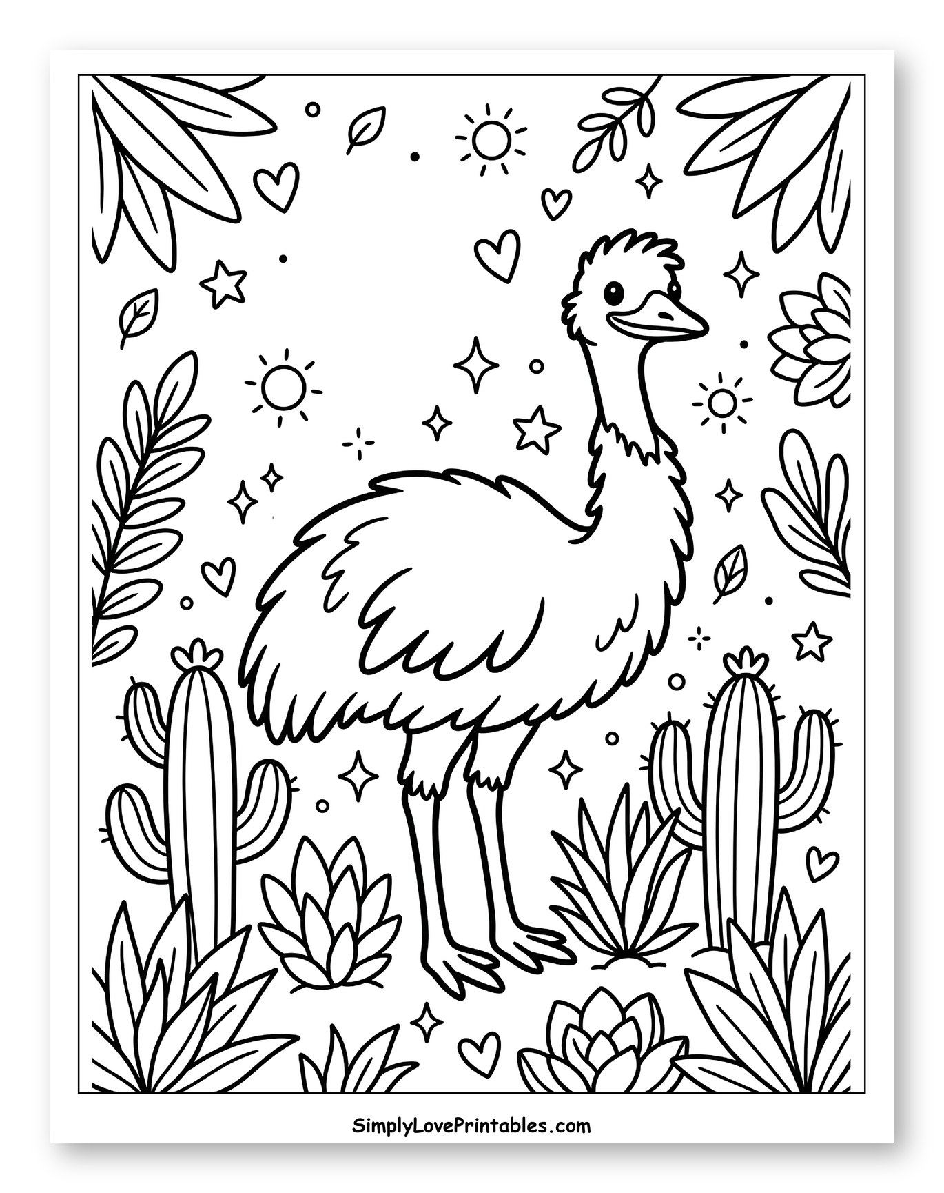 Cheerful Emu Among Desert Plants Coloring Page for Adults