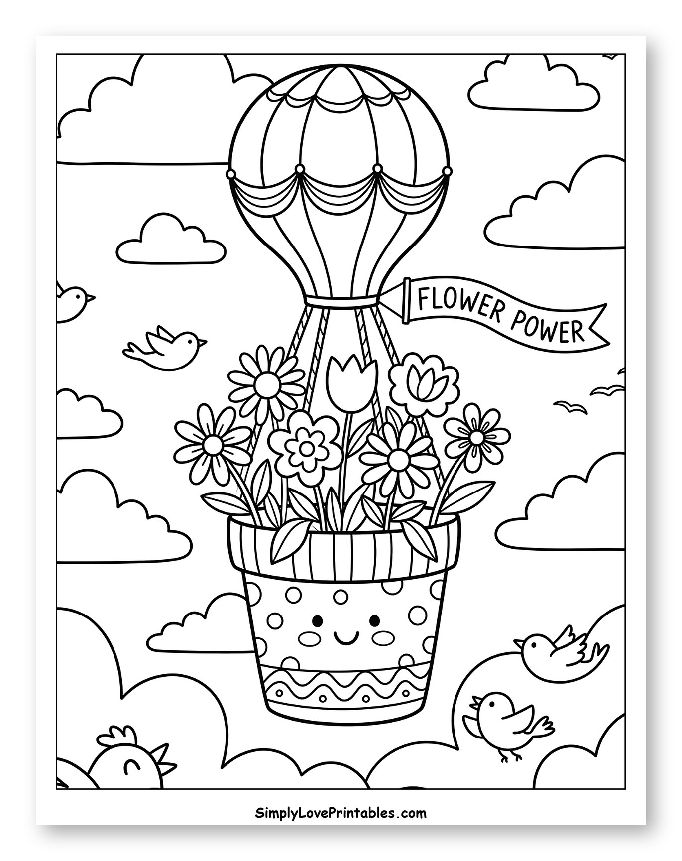 Cheerful Flower Pot Hot Air Balloon Flight to Color for Kids
