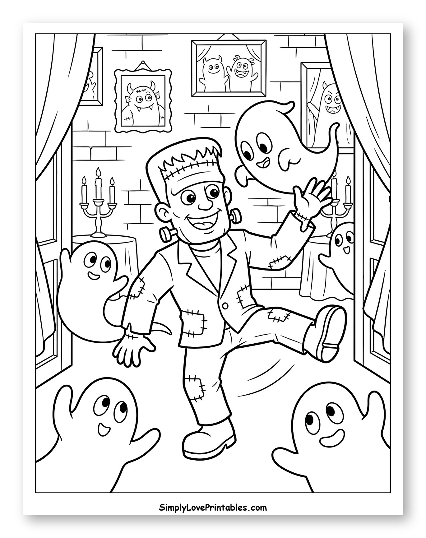 Cheerful Frankenstein Surrounded by Little Ghosts