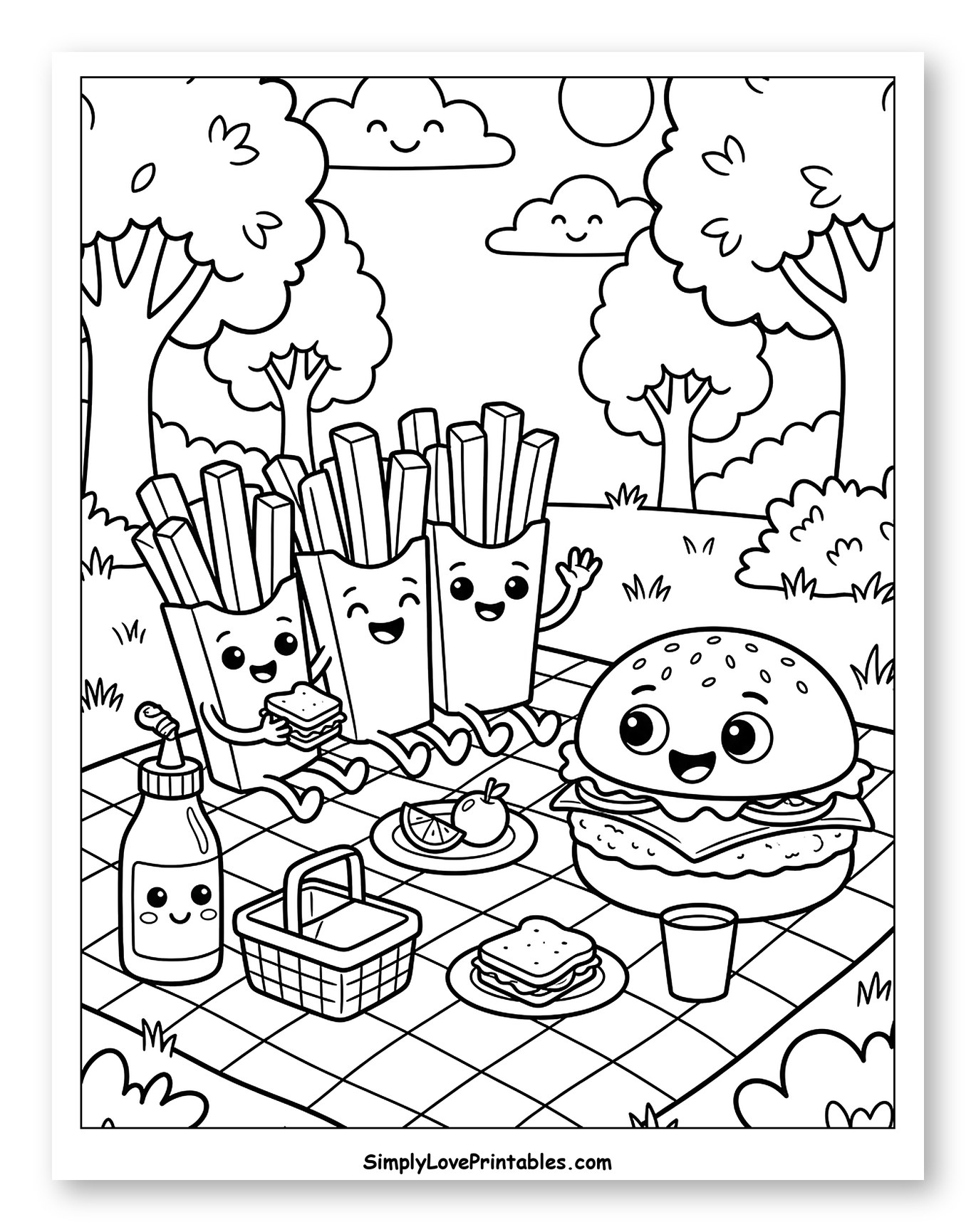 Cheerful French Fries and Burger Picnic Scene to Color for Kids