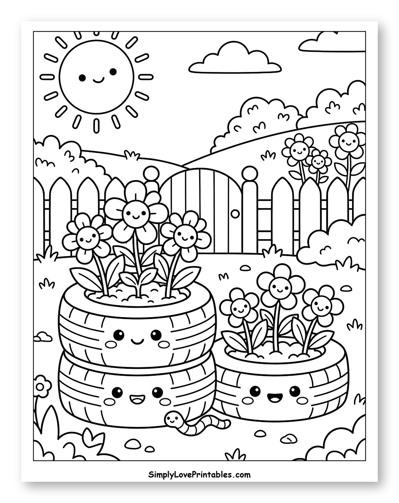Cheerful Garden with Sun and Tire Planters