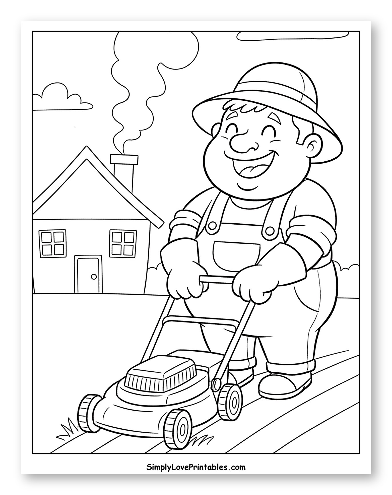 Cheerful Gardener Pushing a Lawn Mower Coloring Sheet for Kids