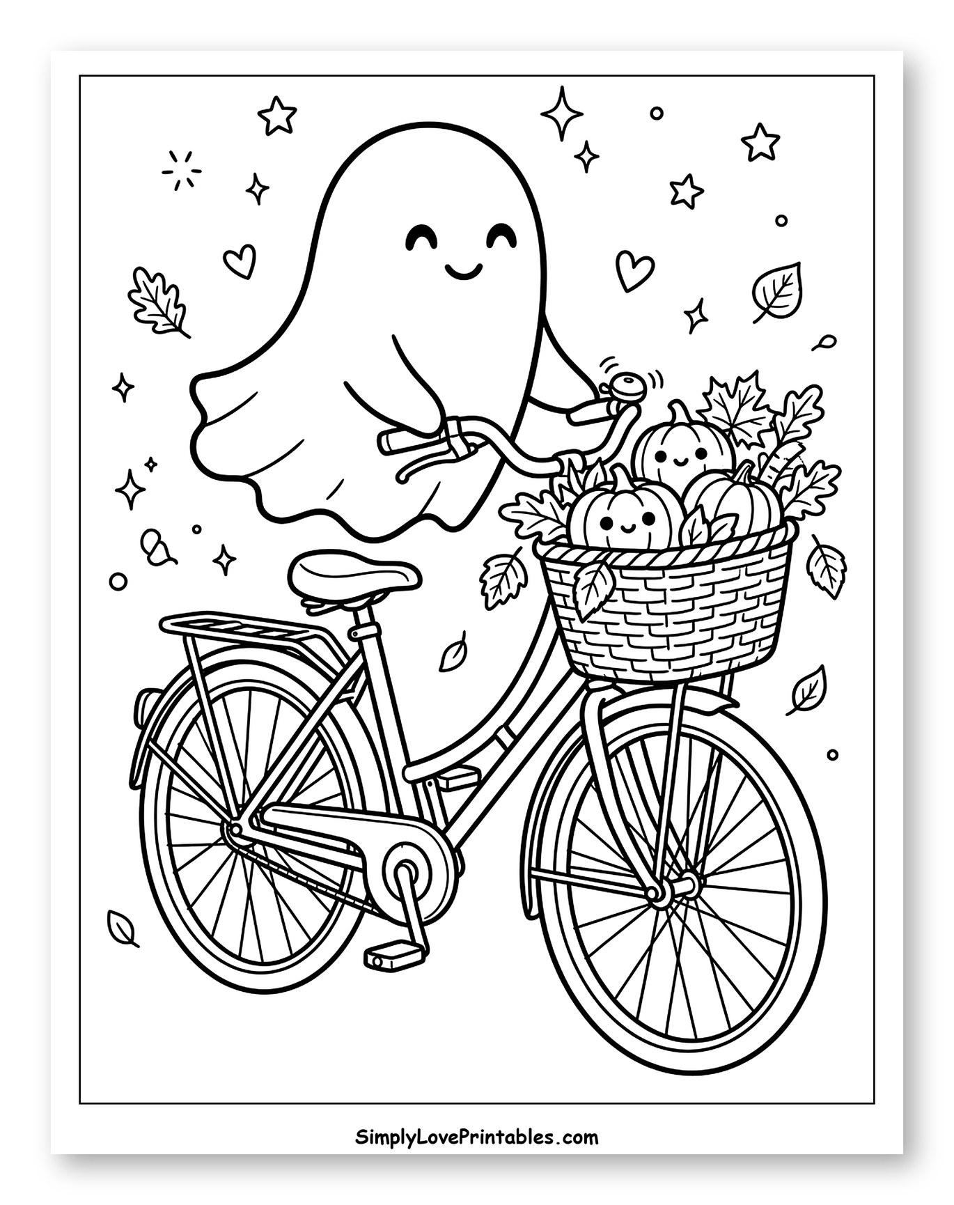 Cheerful Ghost Riding Bicycle with Fall Pumpkins