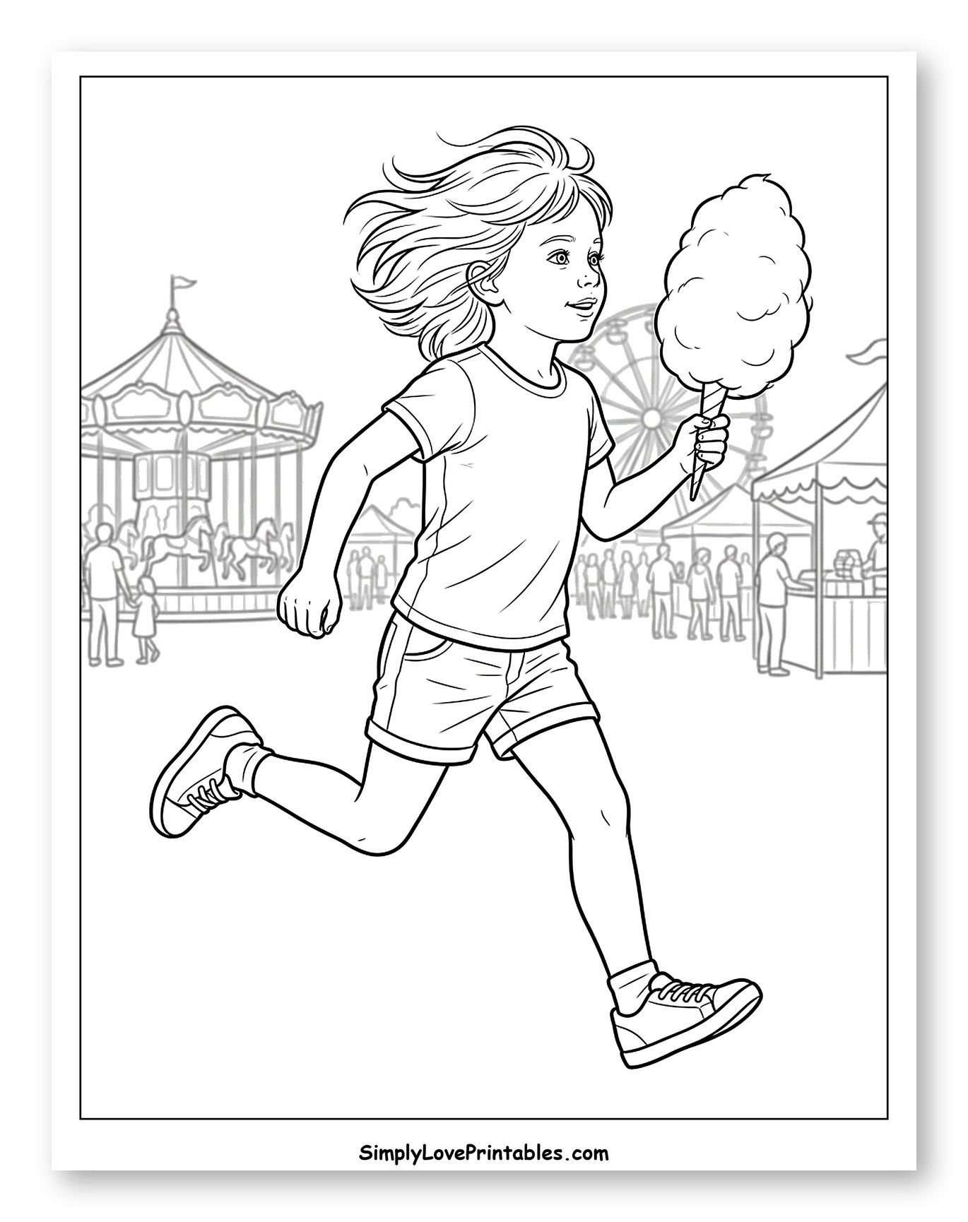 Cheerful Girl Running with Cotton Candy at Carnival to Color
