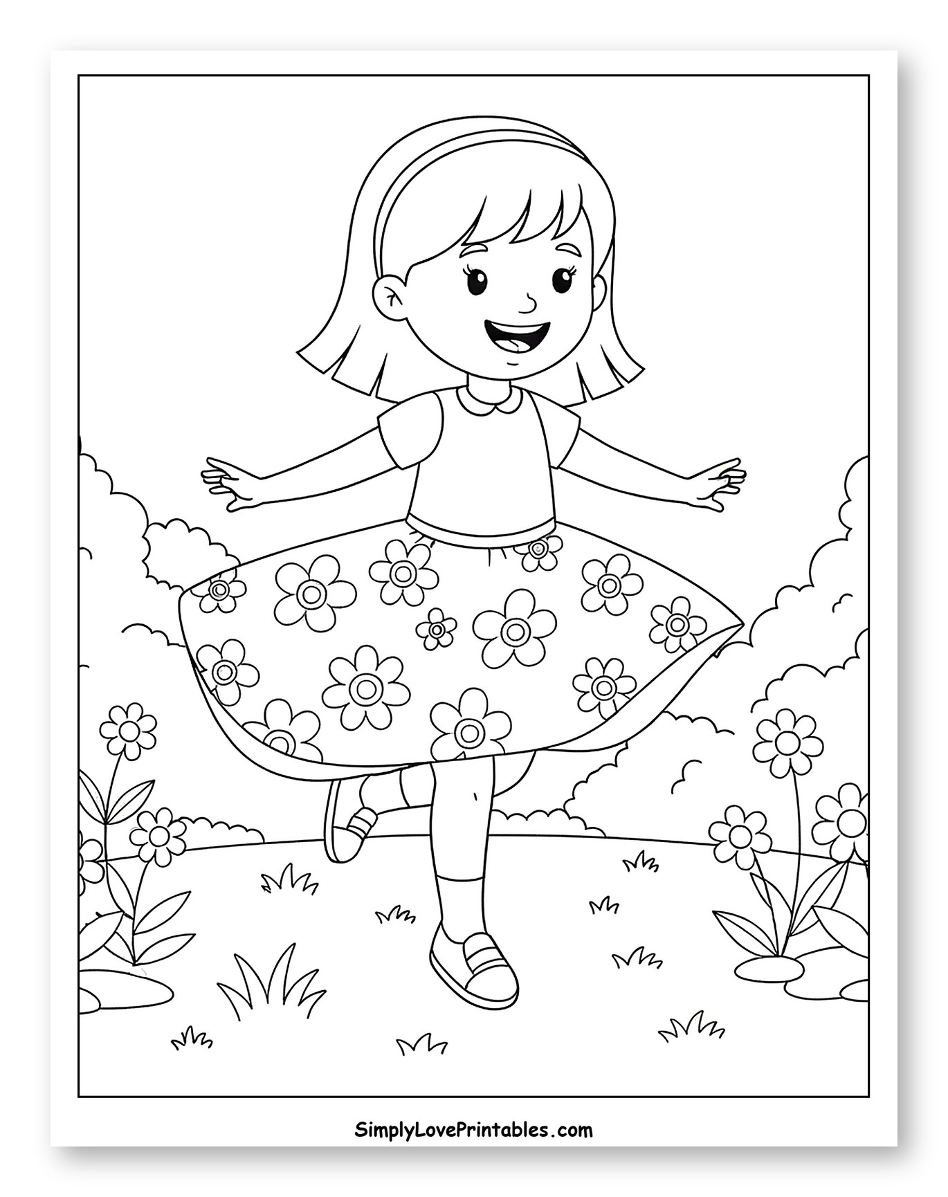 Cheerful Girl Twirling in a Flowery Field Coloring Page for Kids