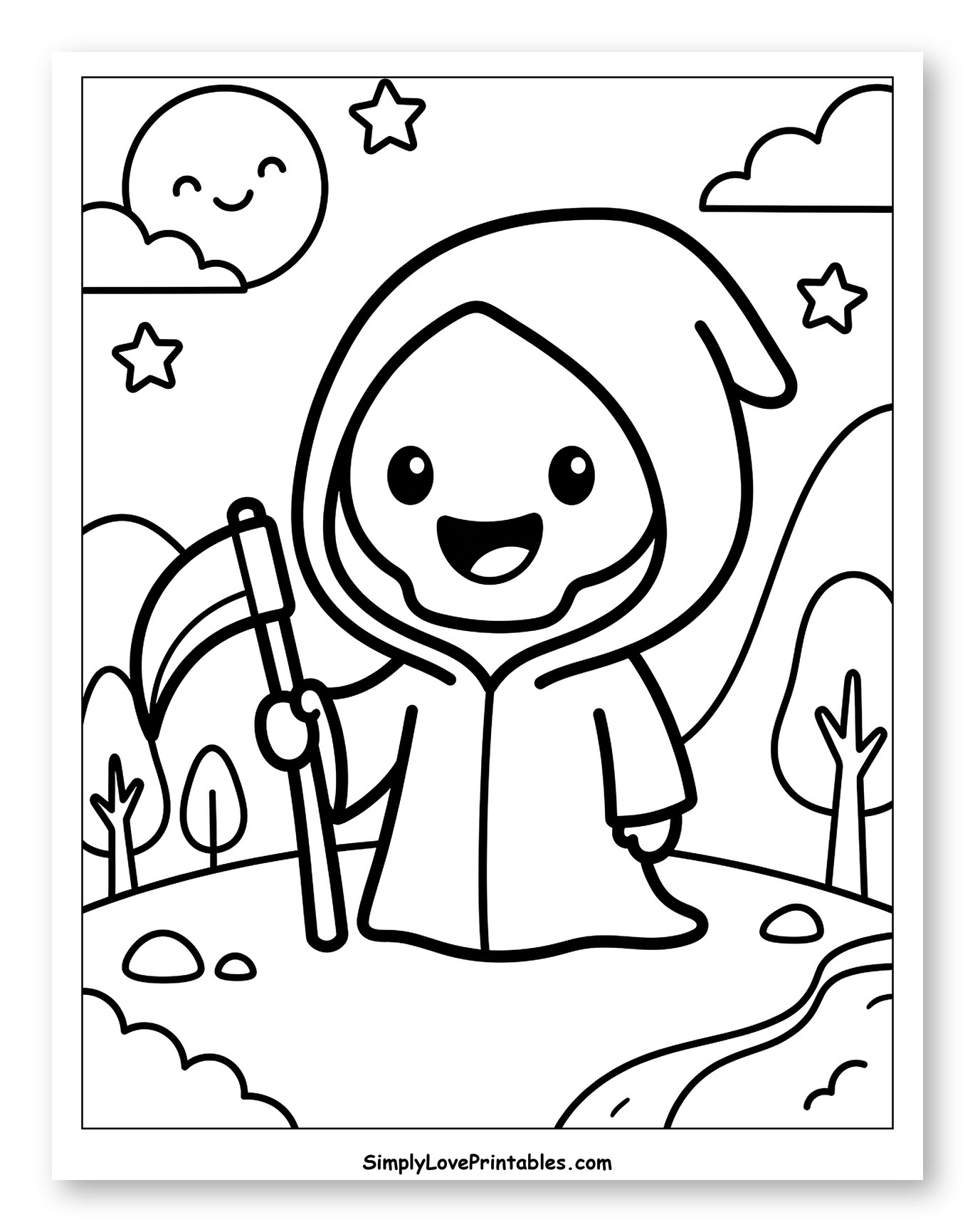 Cheerful Grim Reaper in a Sunny Landscape