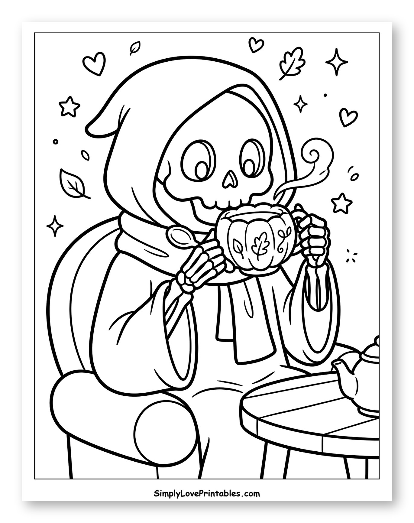 Cheerful Grim Reaper with Autumn Mug
