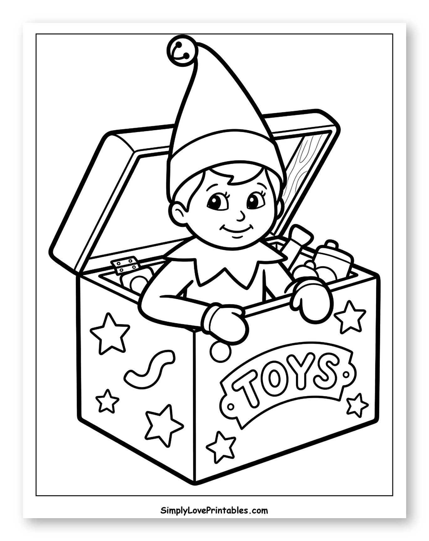 Cheerful Holiday Elf Inside a Toy Box to Color for Toddlers