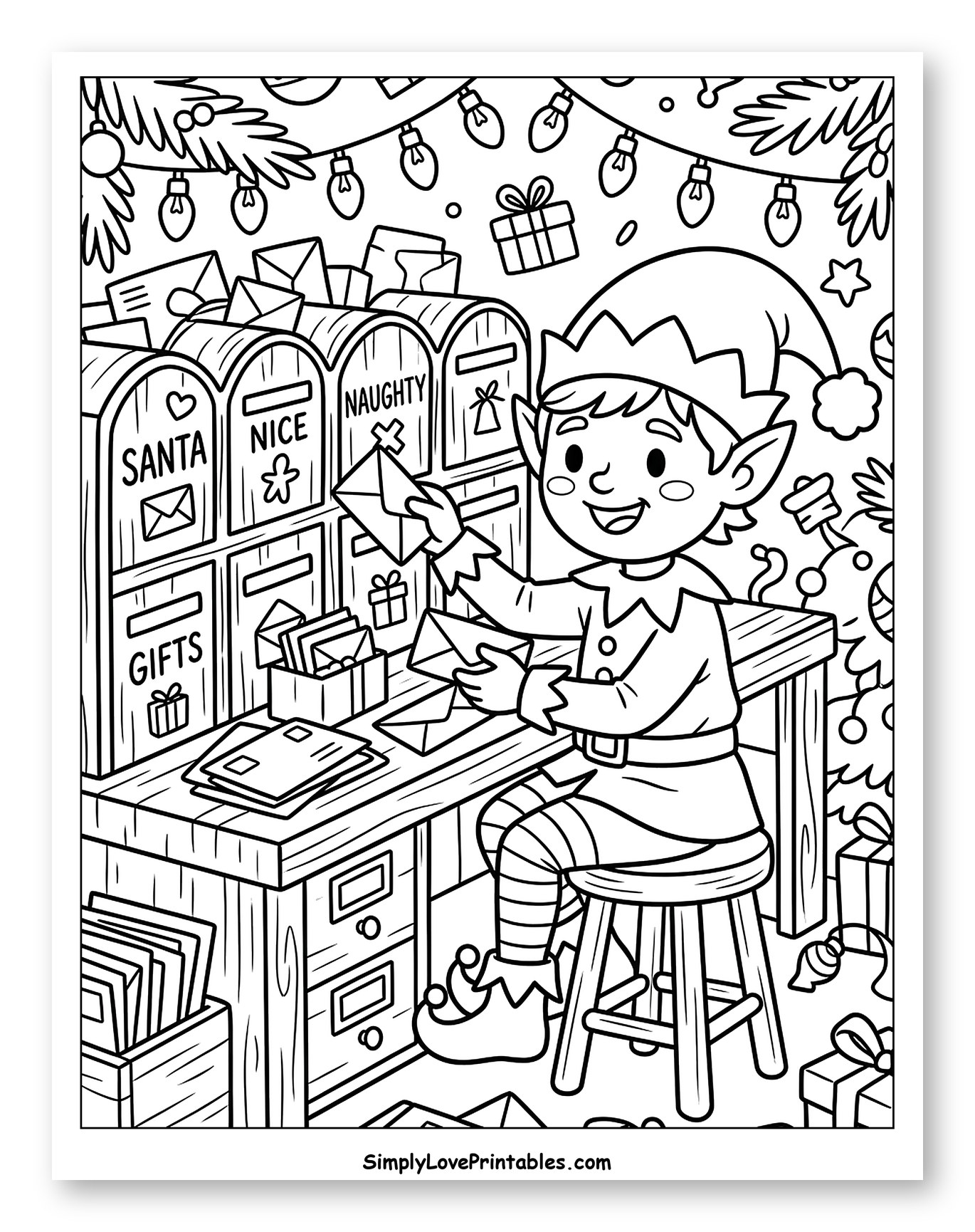 Cheerful Holiday Elf Sorting Christmas Letters Coloring Sheet for Kids