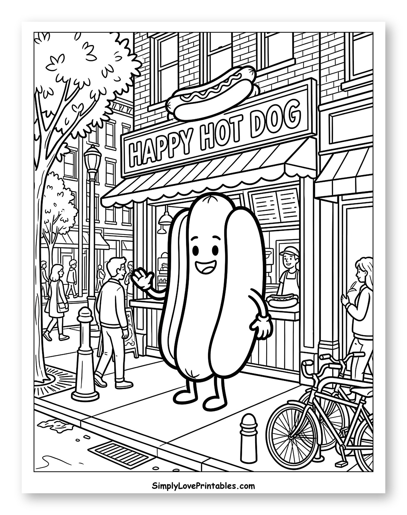 Cheerful Hot Dog Greets Customers on Sidewalk to Color for Toddlers