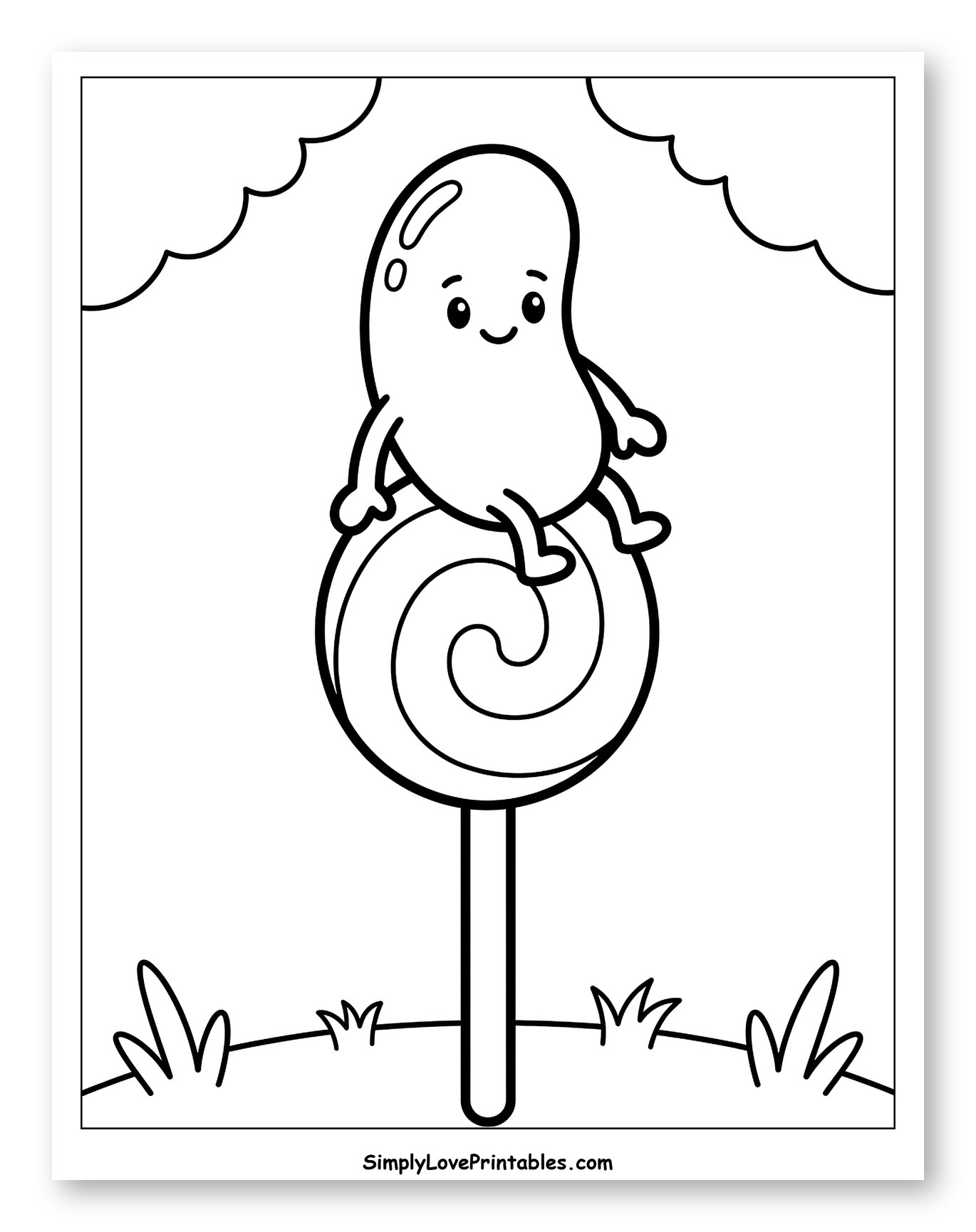 Cheerful Jelly Bean on a Giant Lollipop Coloring Sheet for Toddlers