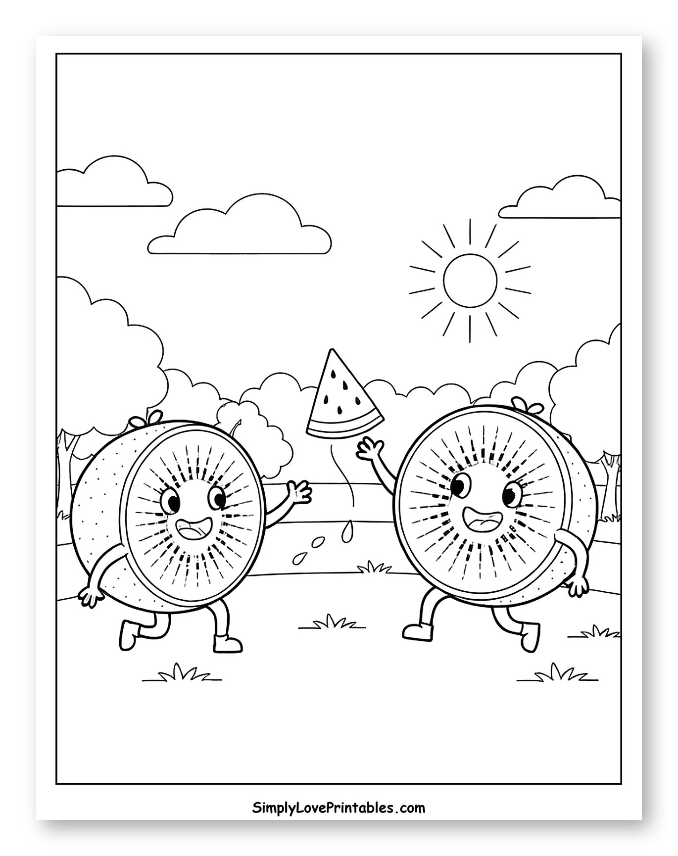 Cheerful Kiwis Sharing Watermelon Slice Coloring Sheet for Kids