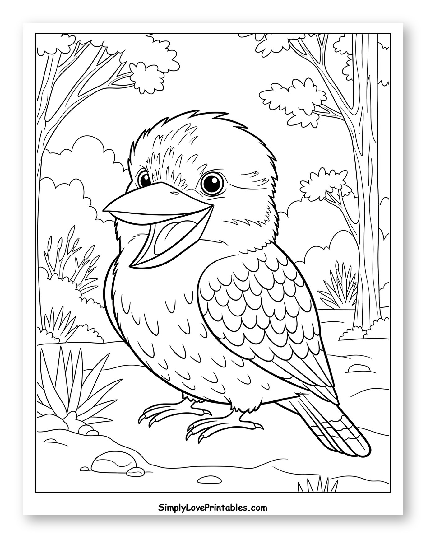 Cheerful Kookaburra Standing Among Trees Coloring Page for Toddlers