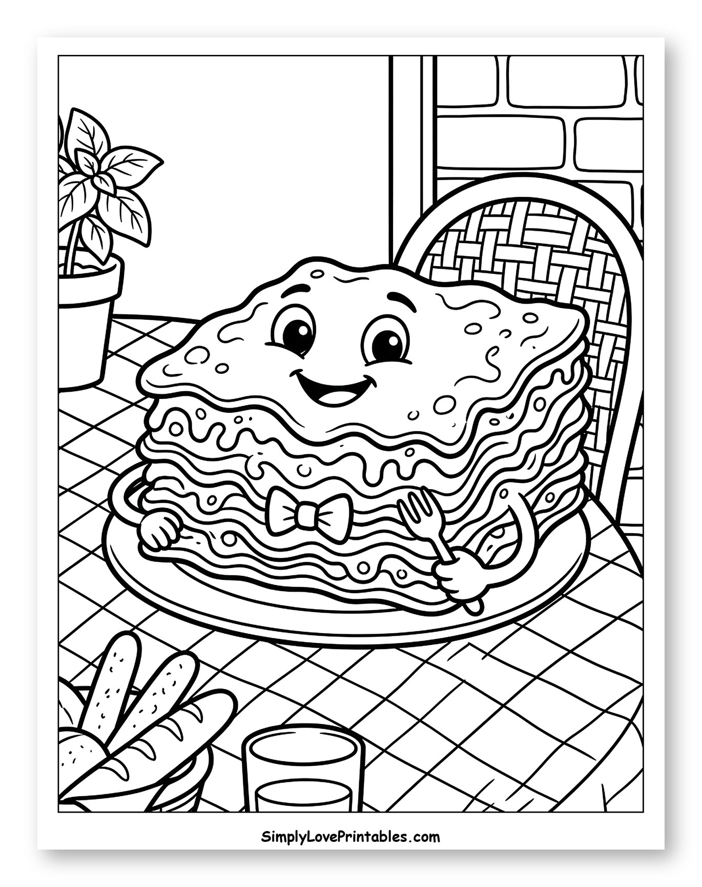 Cheerful Lasagna at an Italian Table to Color for Kids