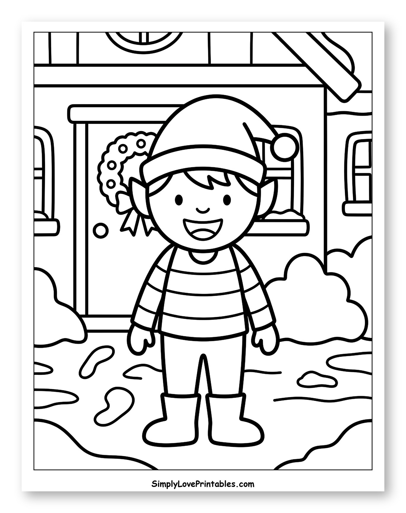 Cheerful Little Elf Outside Santa's Workshop Coloring Page for Toddlers