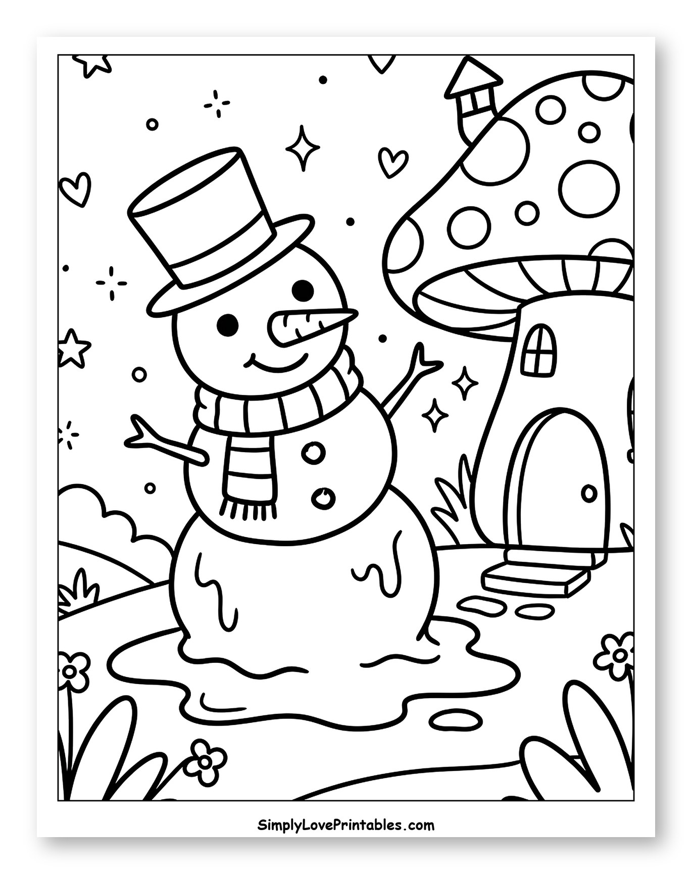 Cheerful Melting Snowman and Cozy Mushroom House Coloring Sheet for Adults