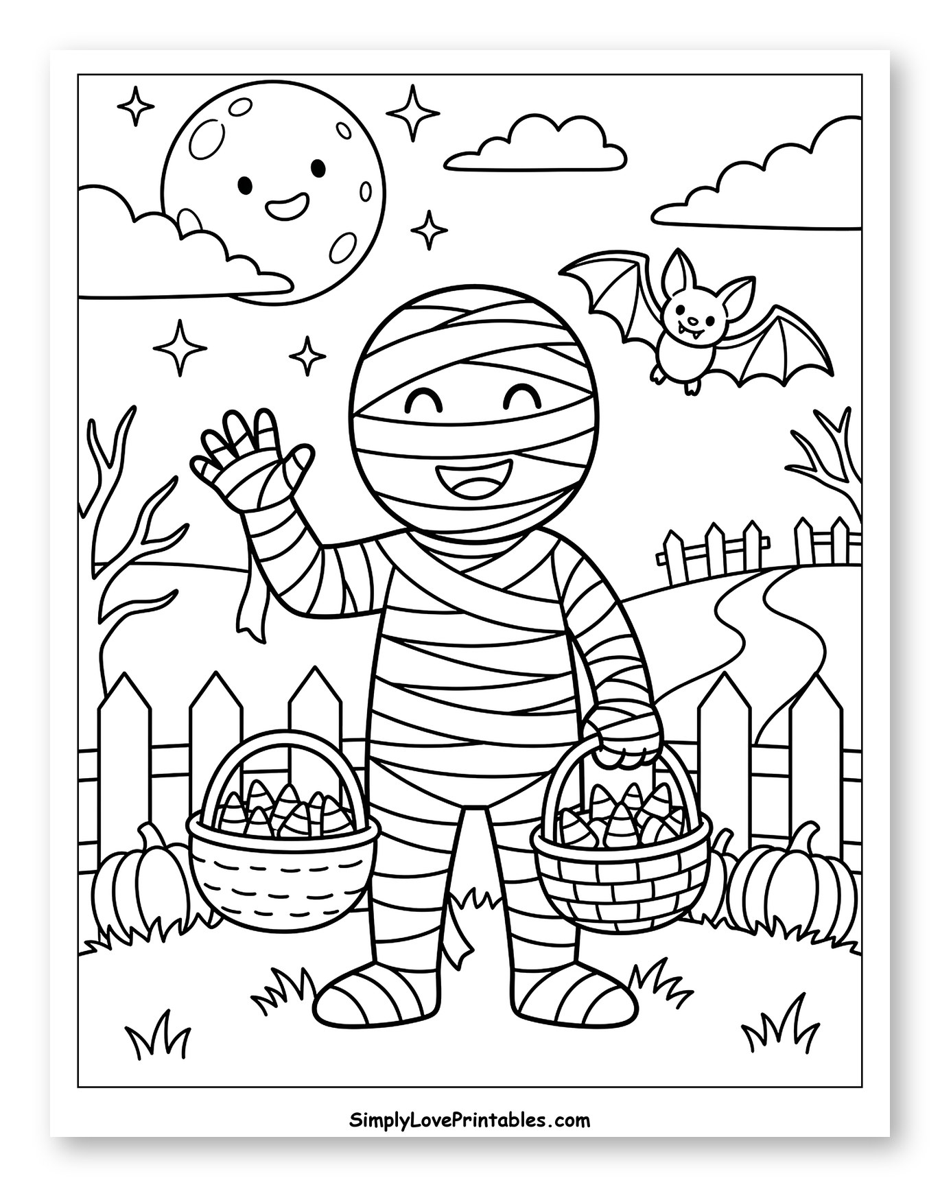 Cheerful Mummy with Candy Baskets and Moon