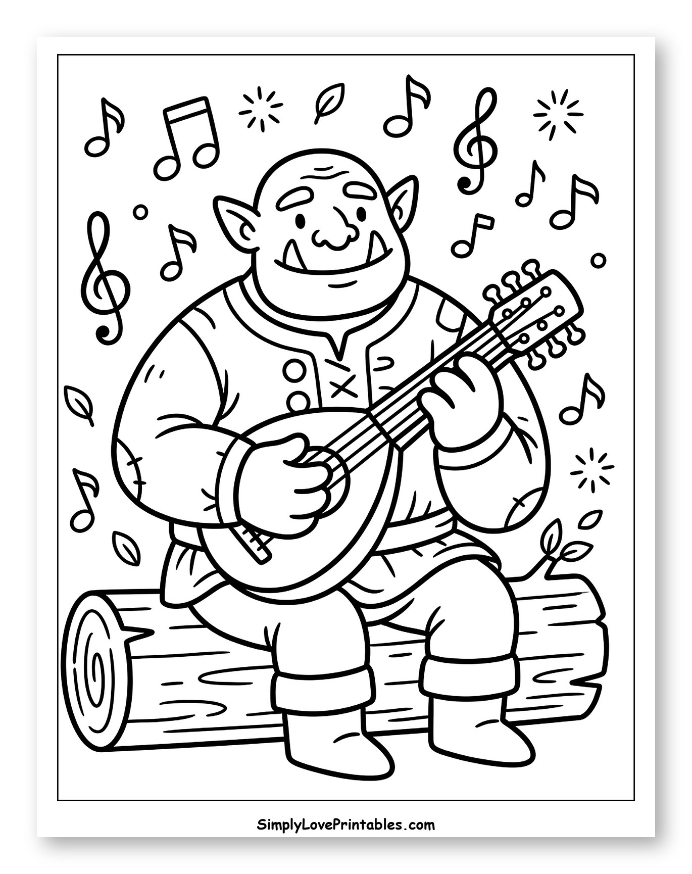 Cheerful Ogre Bard Playing a Lute Coloring Sheet for Adults