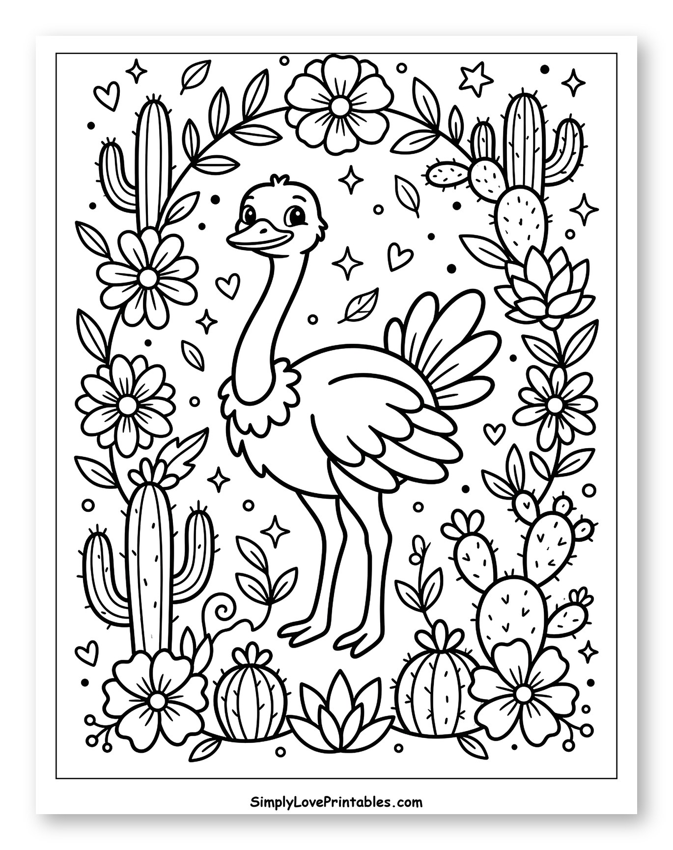 Cheerful Ostrich in a Floral Desert Border to Color for Adults