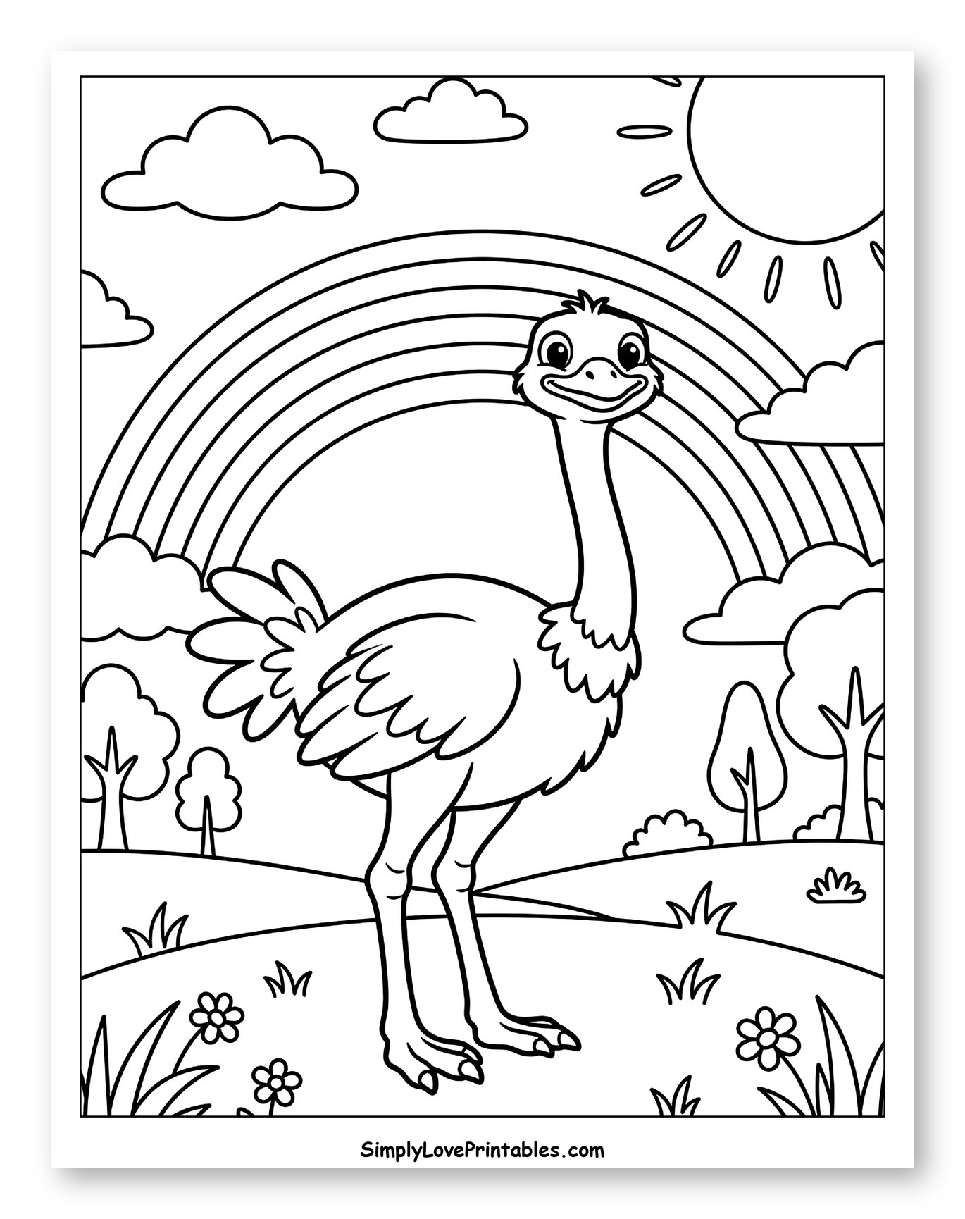 Cheerful Ostrich Under a Rainbow Coloring Page for Kids