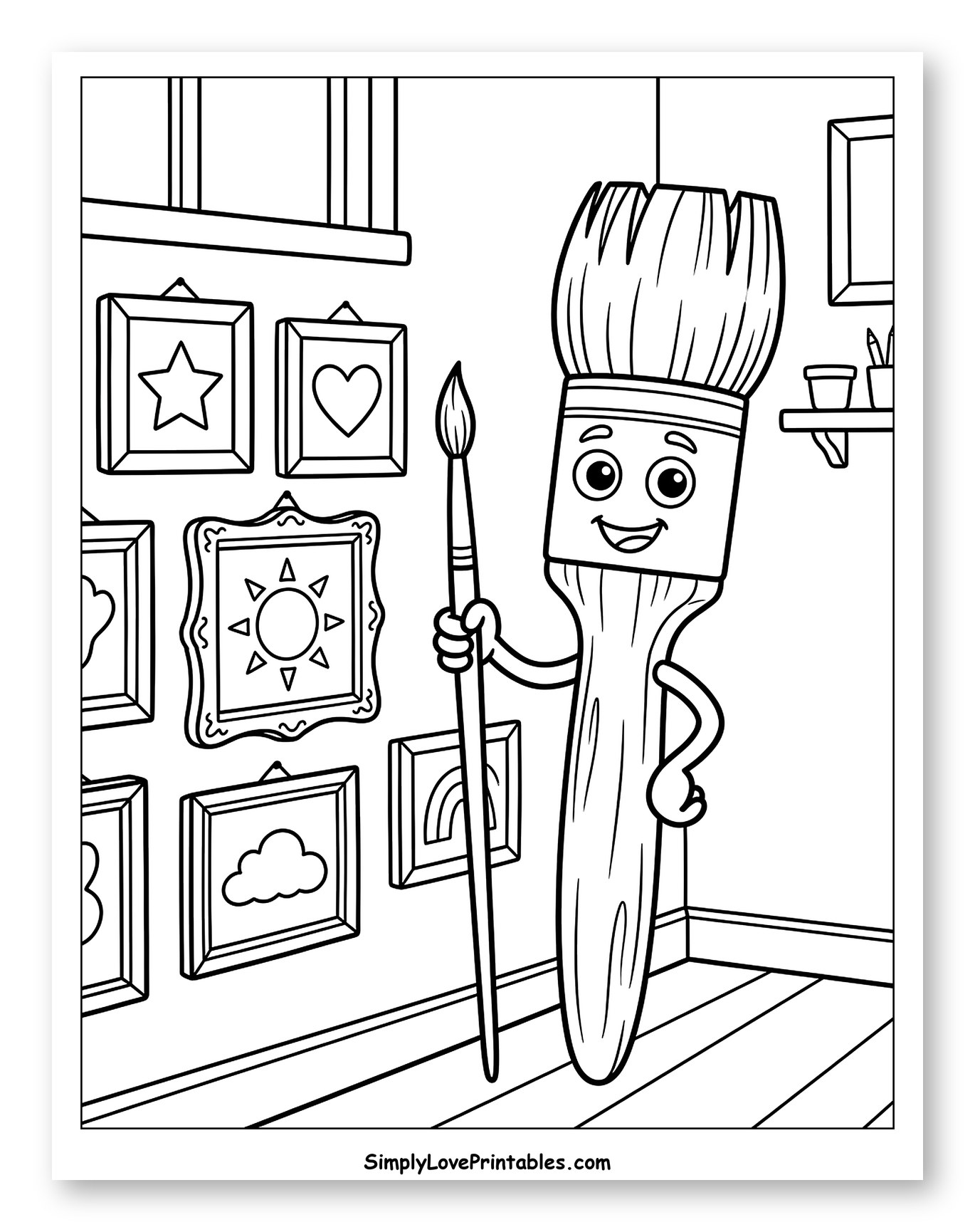 Cheerful Paintbrush Character in an Art Room