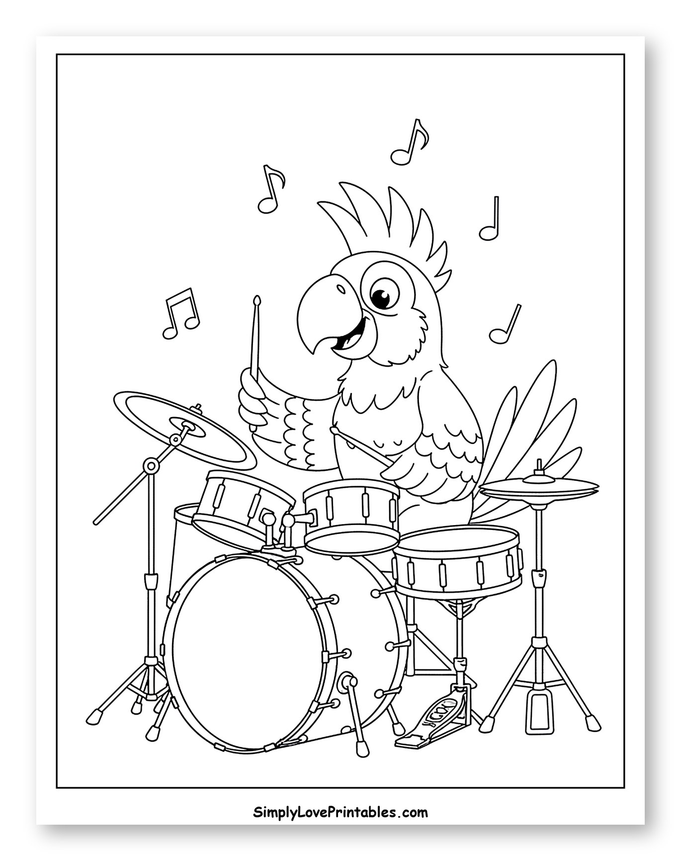 Cheerful Parrot Playing a Full Drum Set