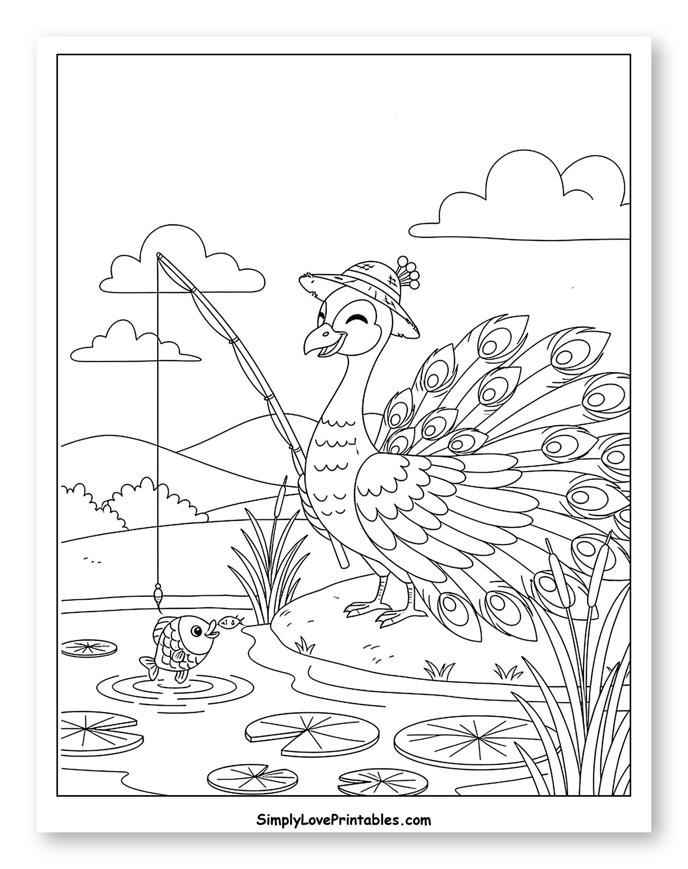 Cheerful Peacock Fishing with a Hat Coloring Page for Kids
