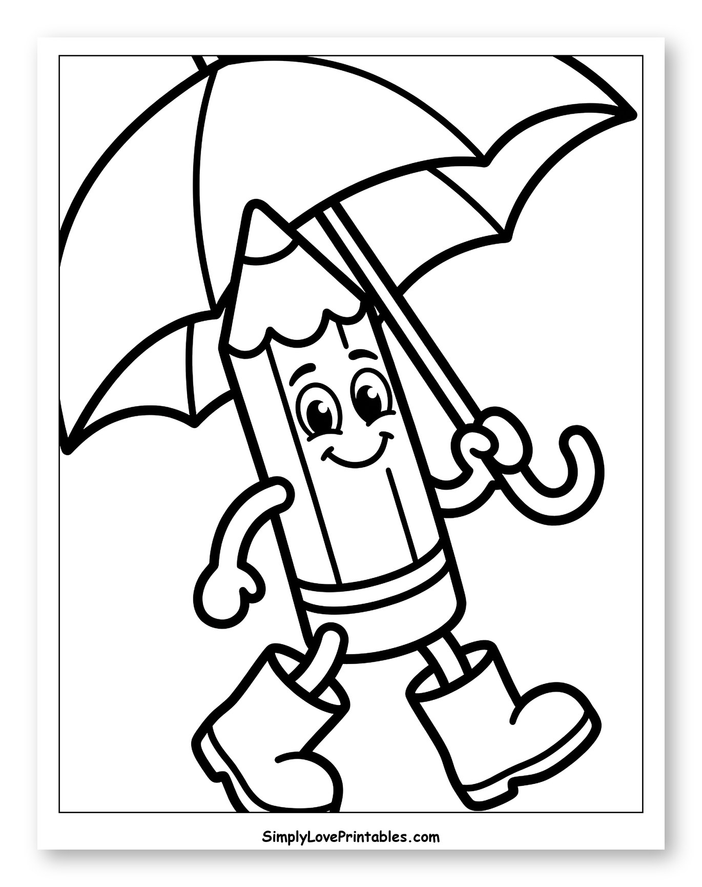 Cheerful Pencil in Rain Boots with Umbrella Coloring Page for Toddlers