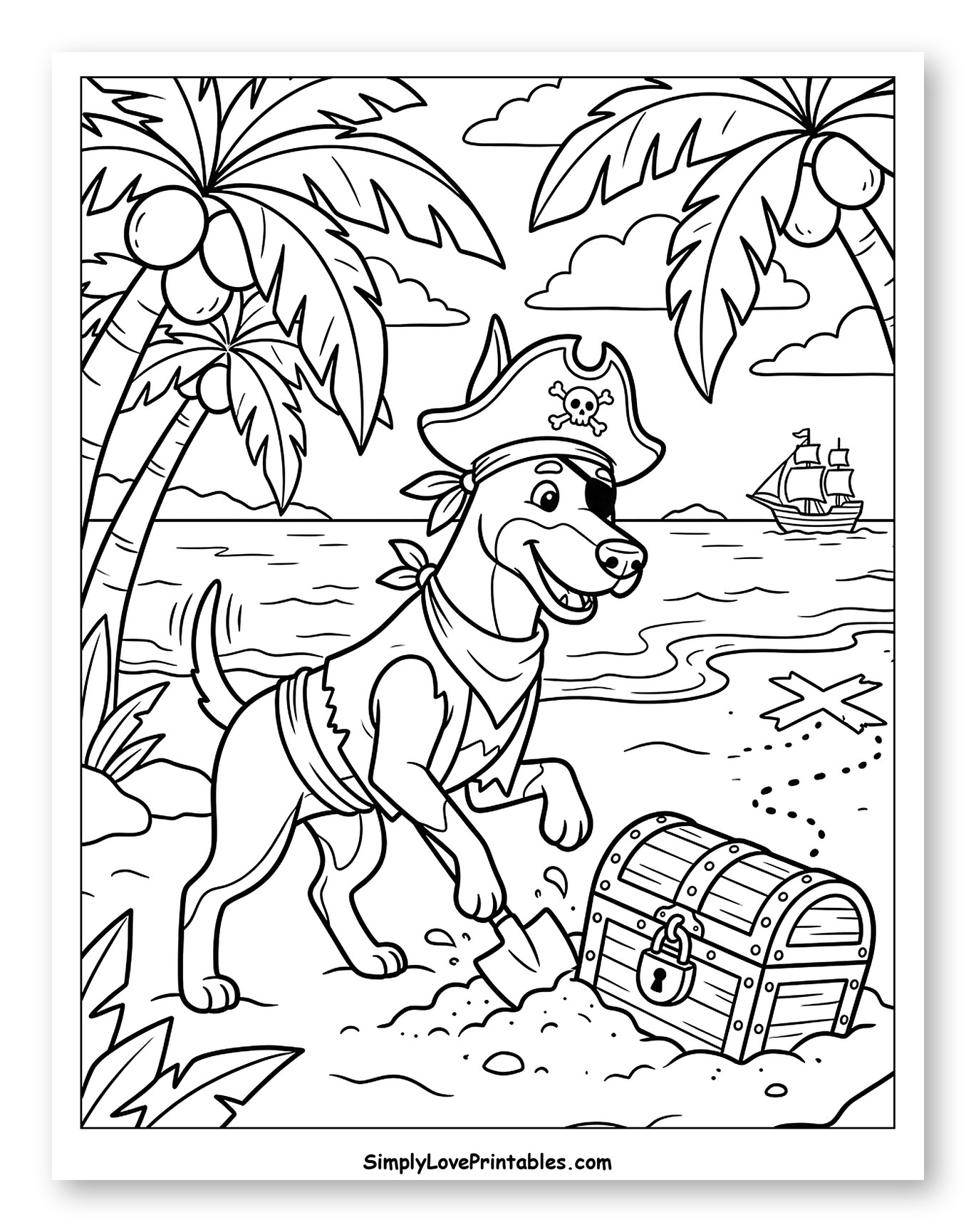 Cheerful Pirate Dog Unearths Treasure Coloring Page for Kids