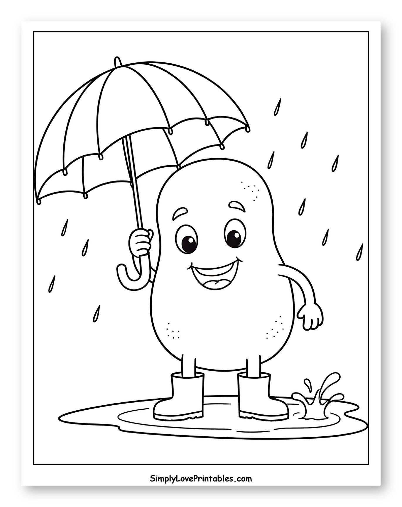 Cheerful Potato with Umbrella and Rain Boots to Color for Kids
