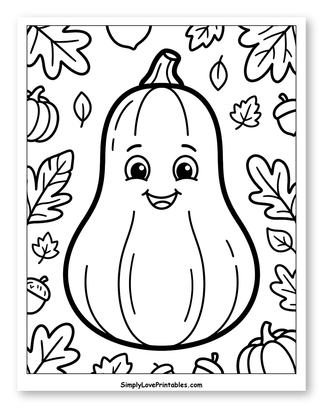 Cheerful Pumpkin with Fall Leaves and Acorns Coloring Sheet for Toddlers