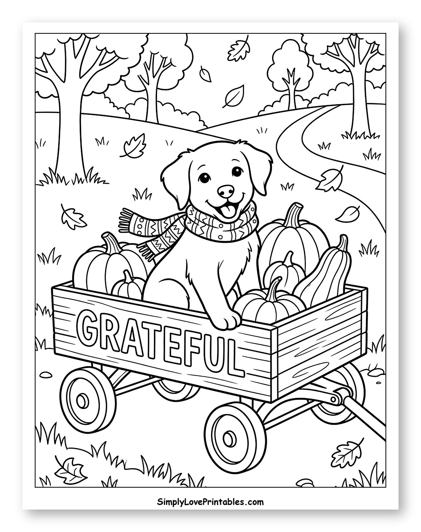 Cheerful Puppy in a Grateful Autumn Wagon Coloring Sheet for Kids