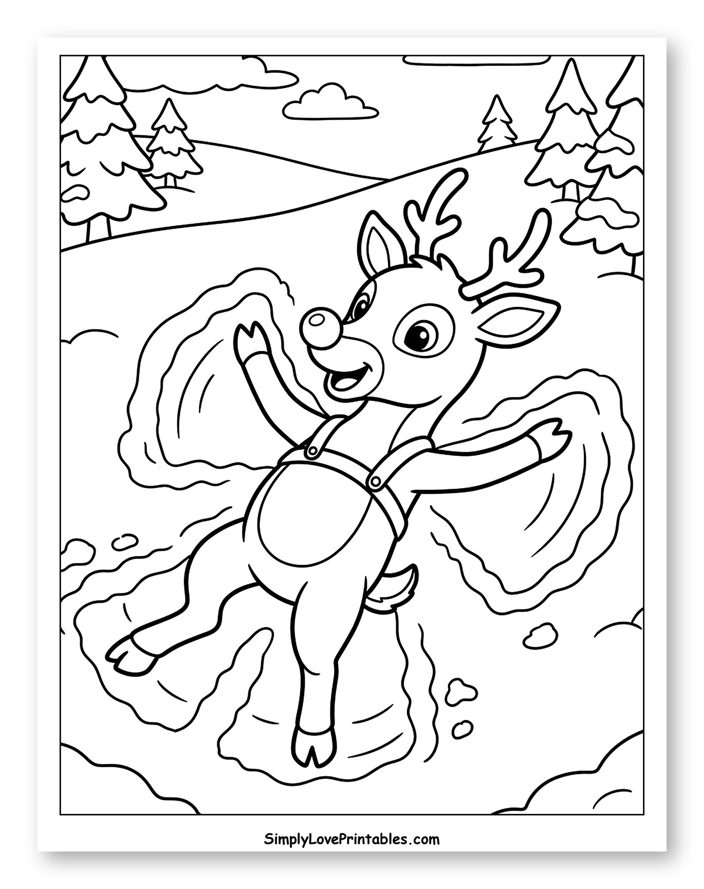 Cheerful Reindeer Making a Winter Snow Angel Coloring Page for Kids
