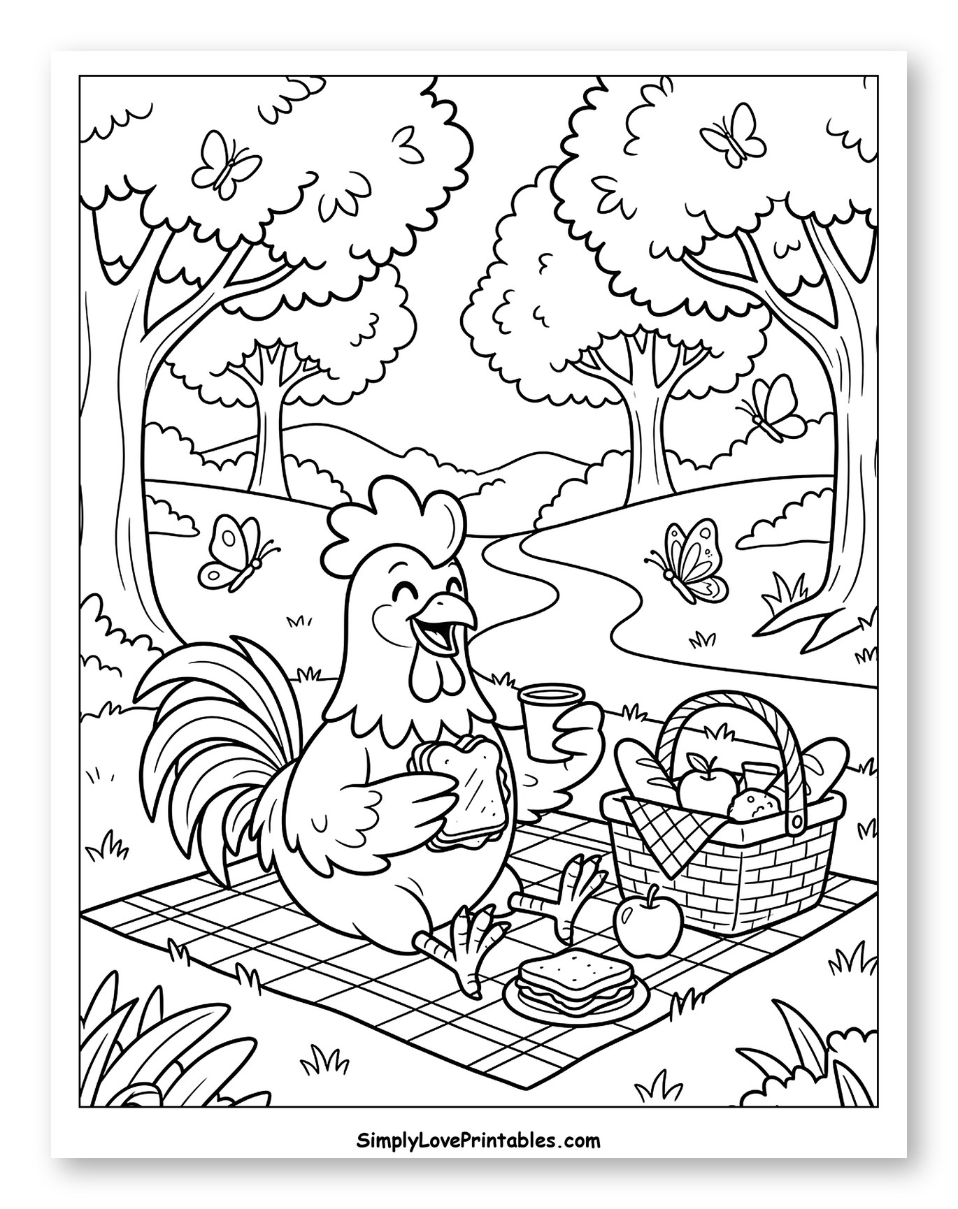 Cheerful Rooster Enjoying a Picnic Coloring Page for Kids