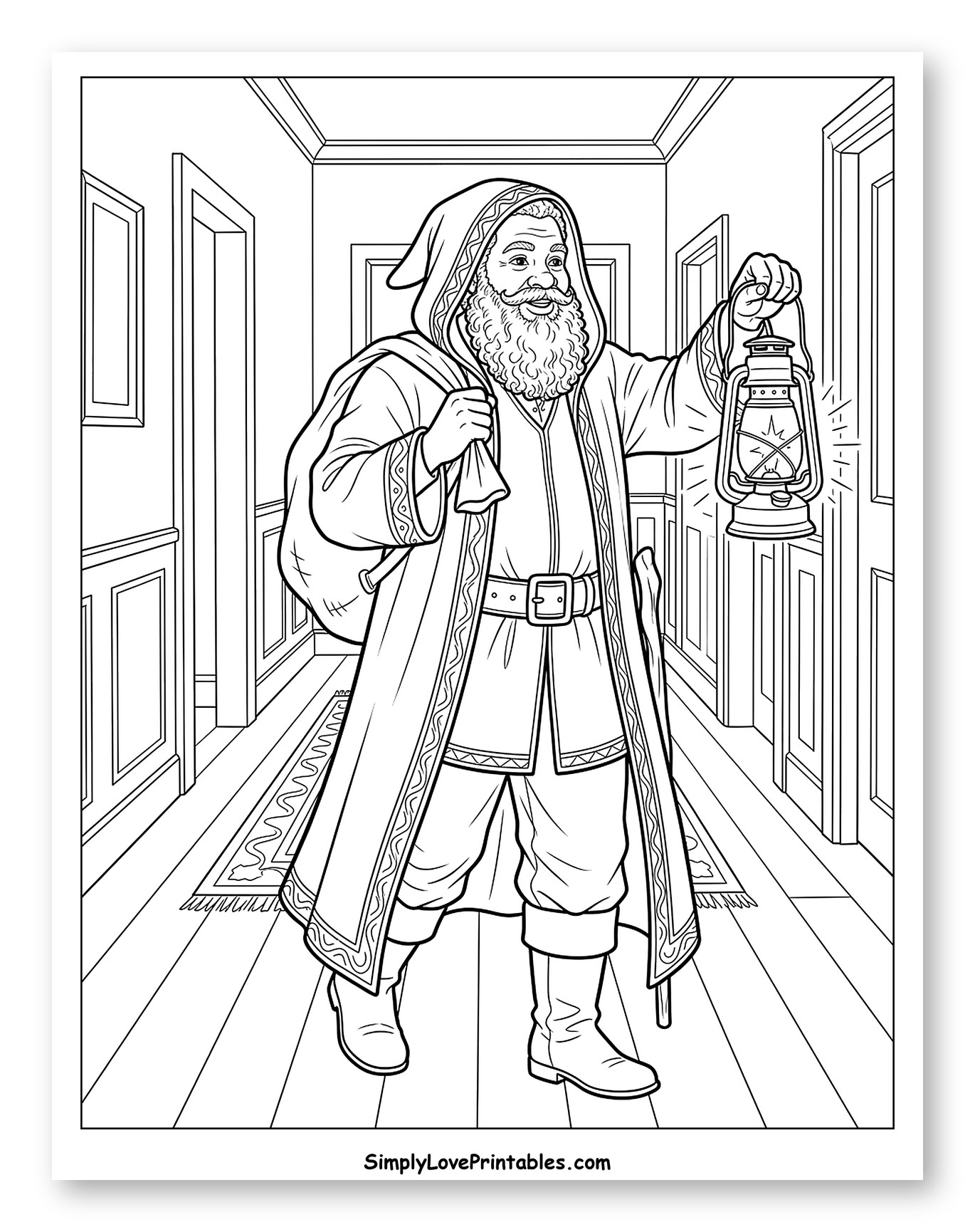 Cheerful Santa Claus Carrying a Sack and Lantern