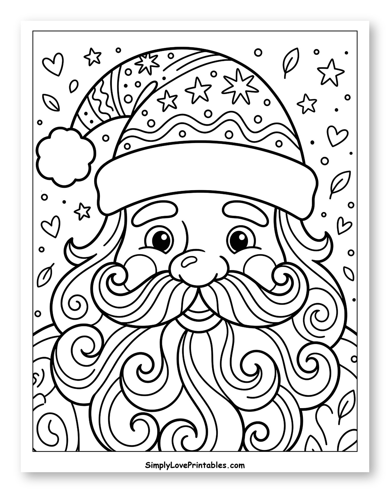 Cheerful Santa Claus with Curly Beard and Stars Coloring Page for Adults