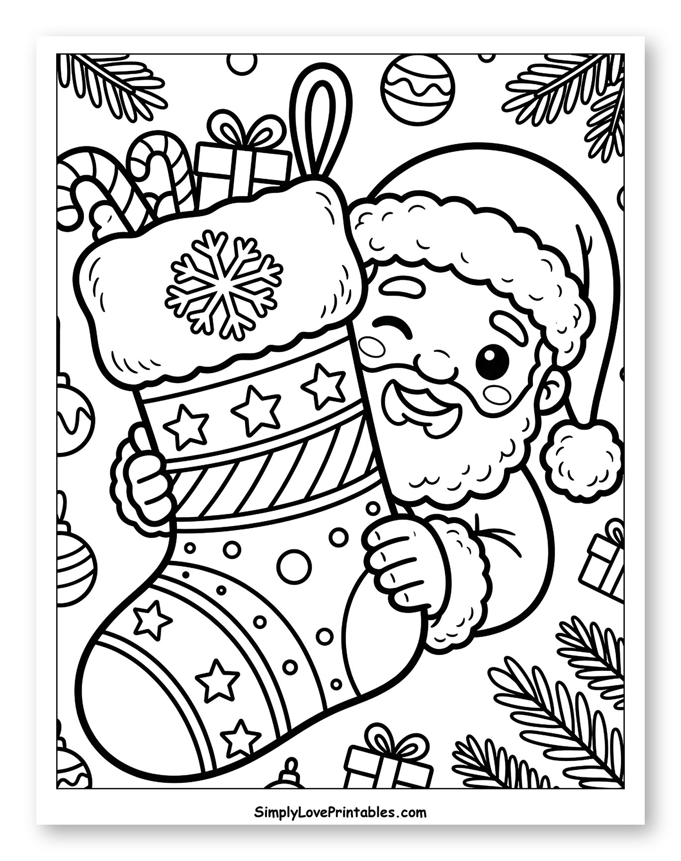 Cheerful Santa Holding a Giant Christmas Stocking to Color for Kids