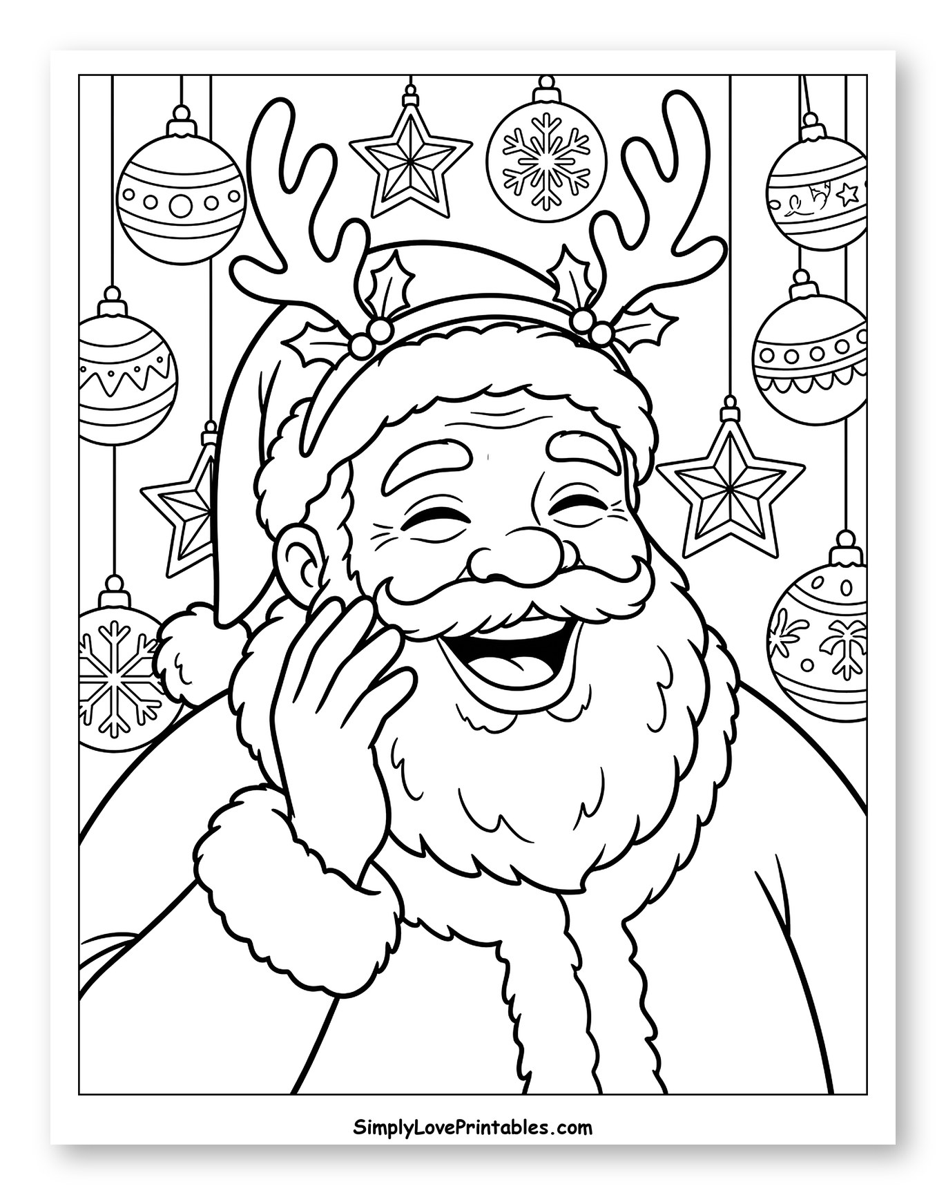 Cheerful Santa Wearing Reindeer Antler Headband to Color for Kids