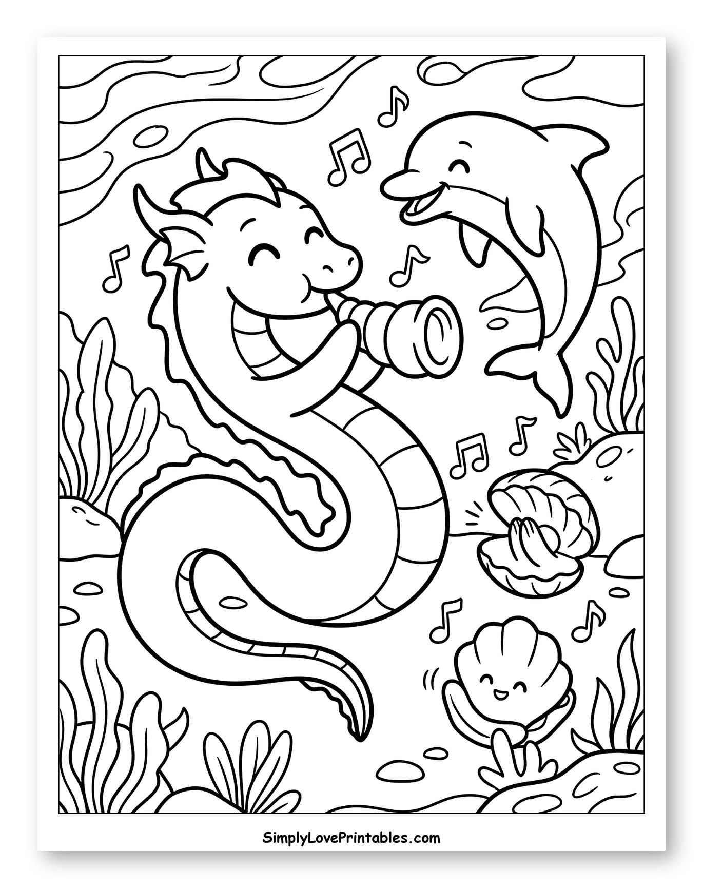 Cheerful Sea Serpent Plays Horn for Dolphin