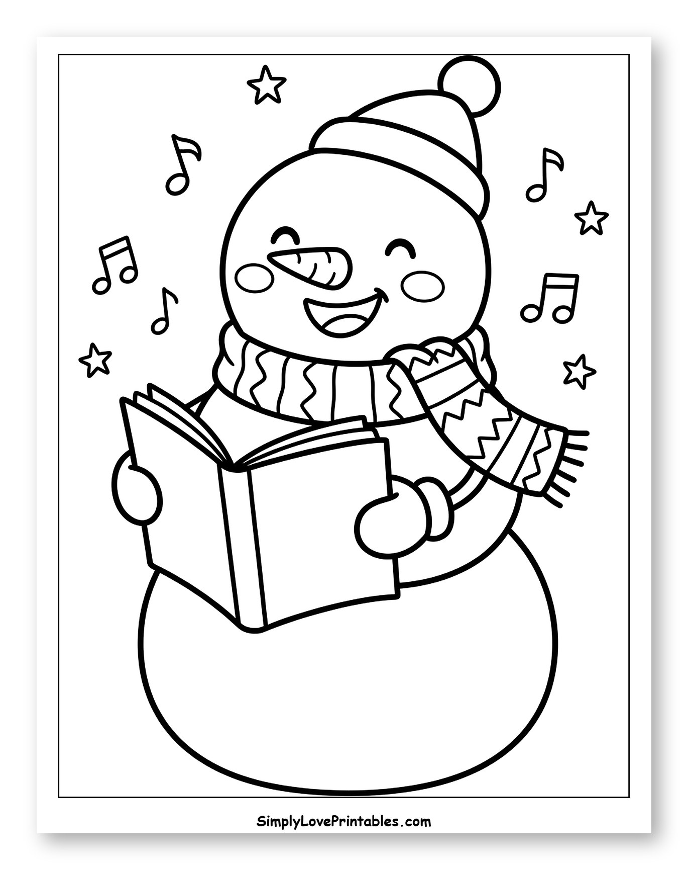 Cheerful Snowman Caroling from a Songbook to Color for Kids