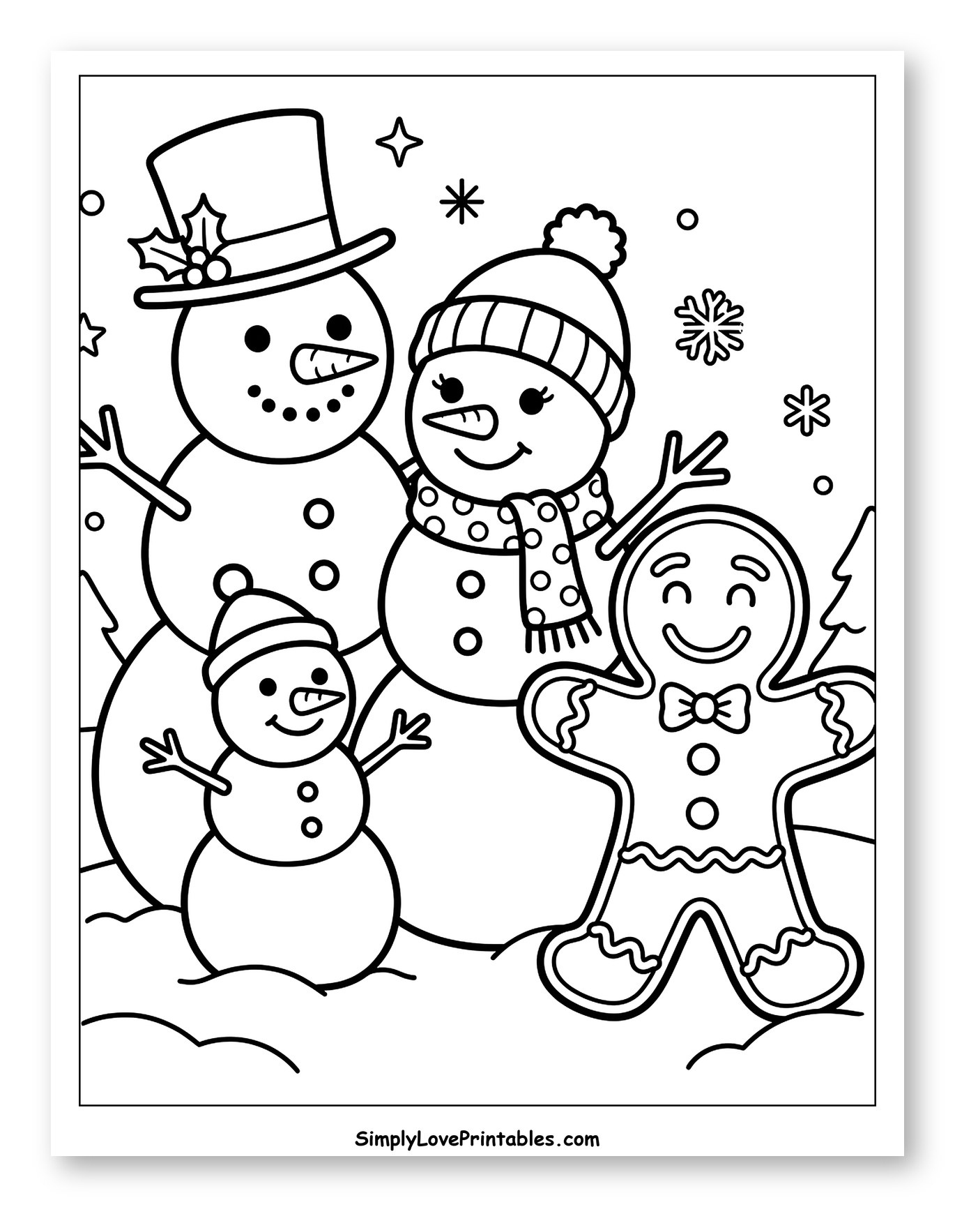Cheerful Snowman Family and Gingerbread Friend Coloring Sheet for Toddlers