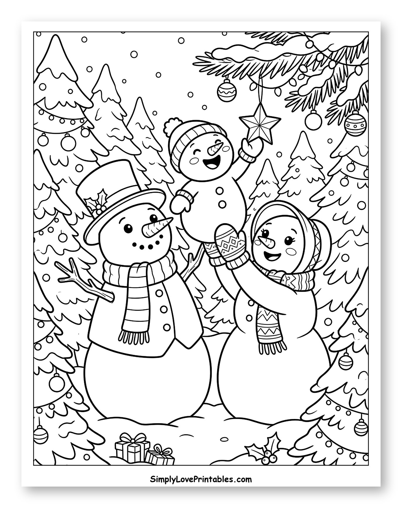 Cheerful Snowman Family Hanging a Christmas Star Coloring Page for Kids