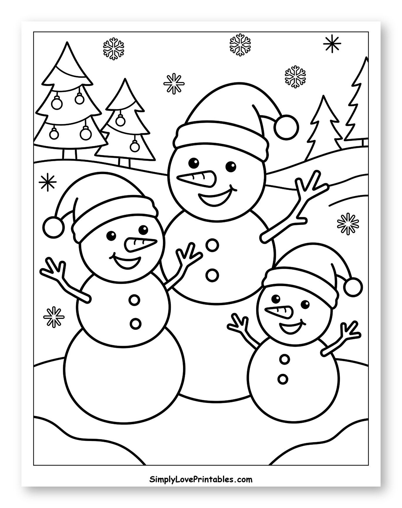 Cheerful Snowman Family in a Snowy Forest