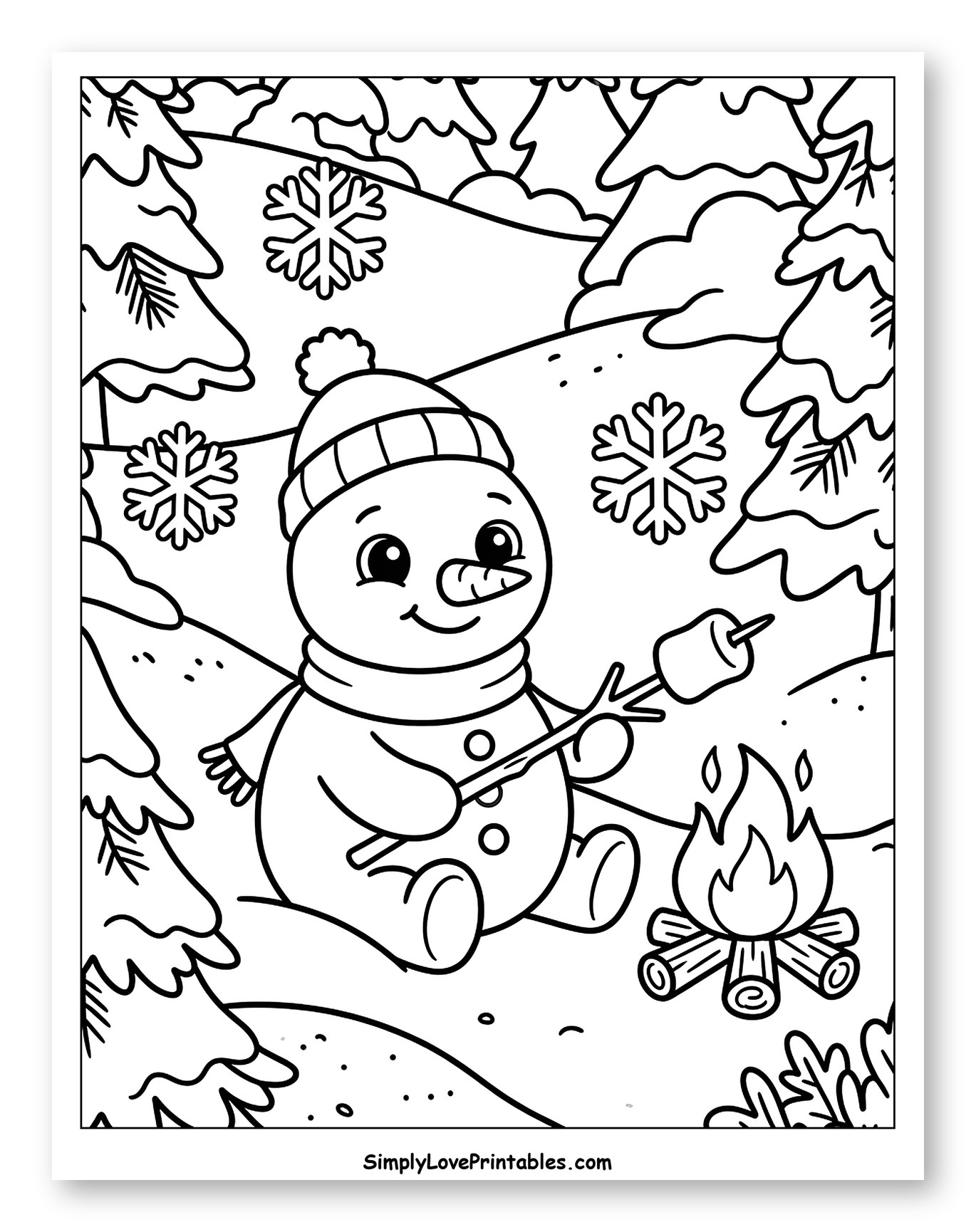 Cheerful Snowman Roasting Marshmallows by a Campfire