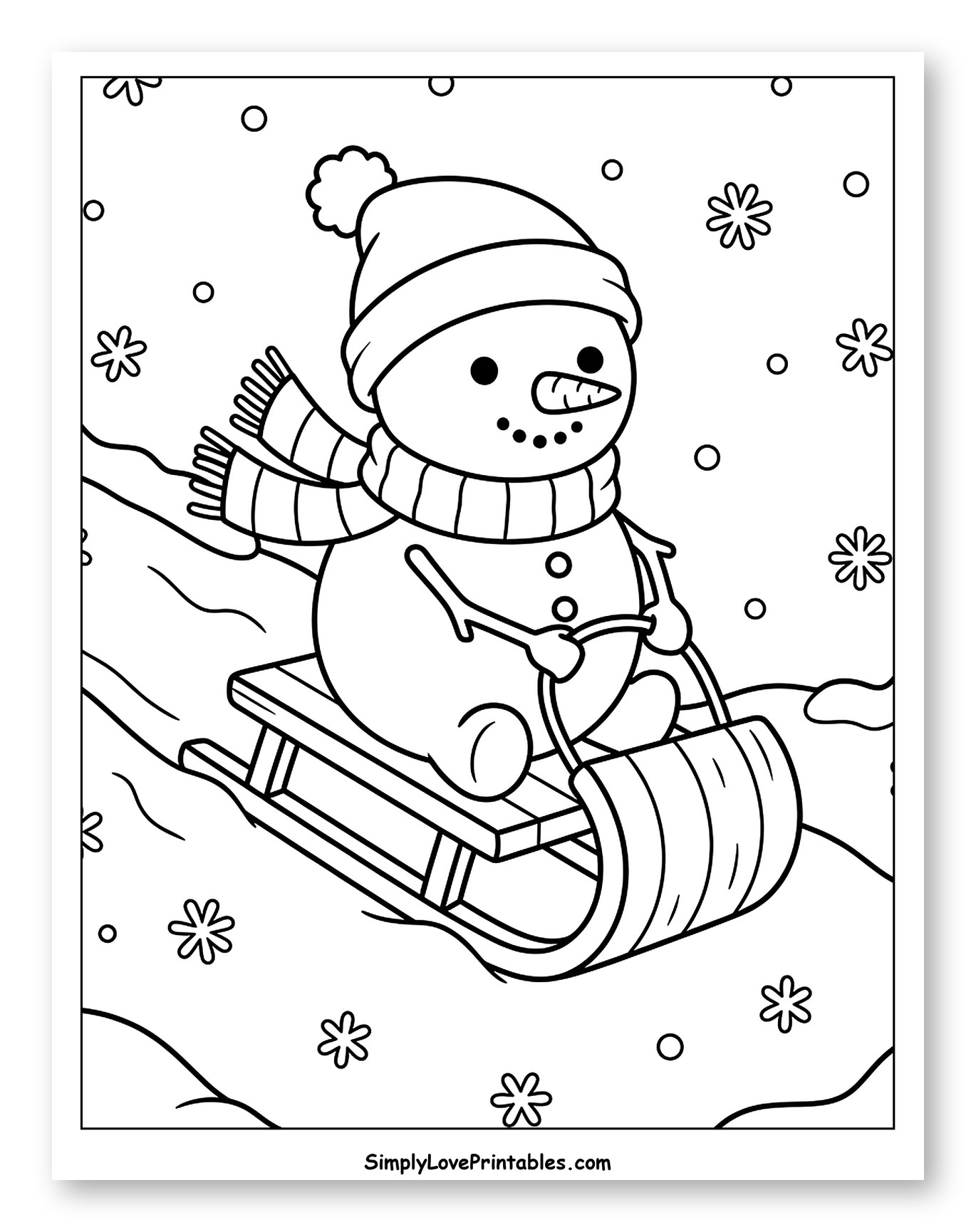 Cheerful Snowman Sledding Down a Snowy Hill